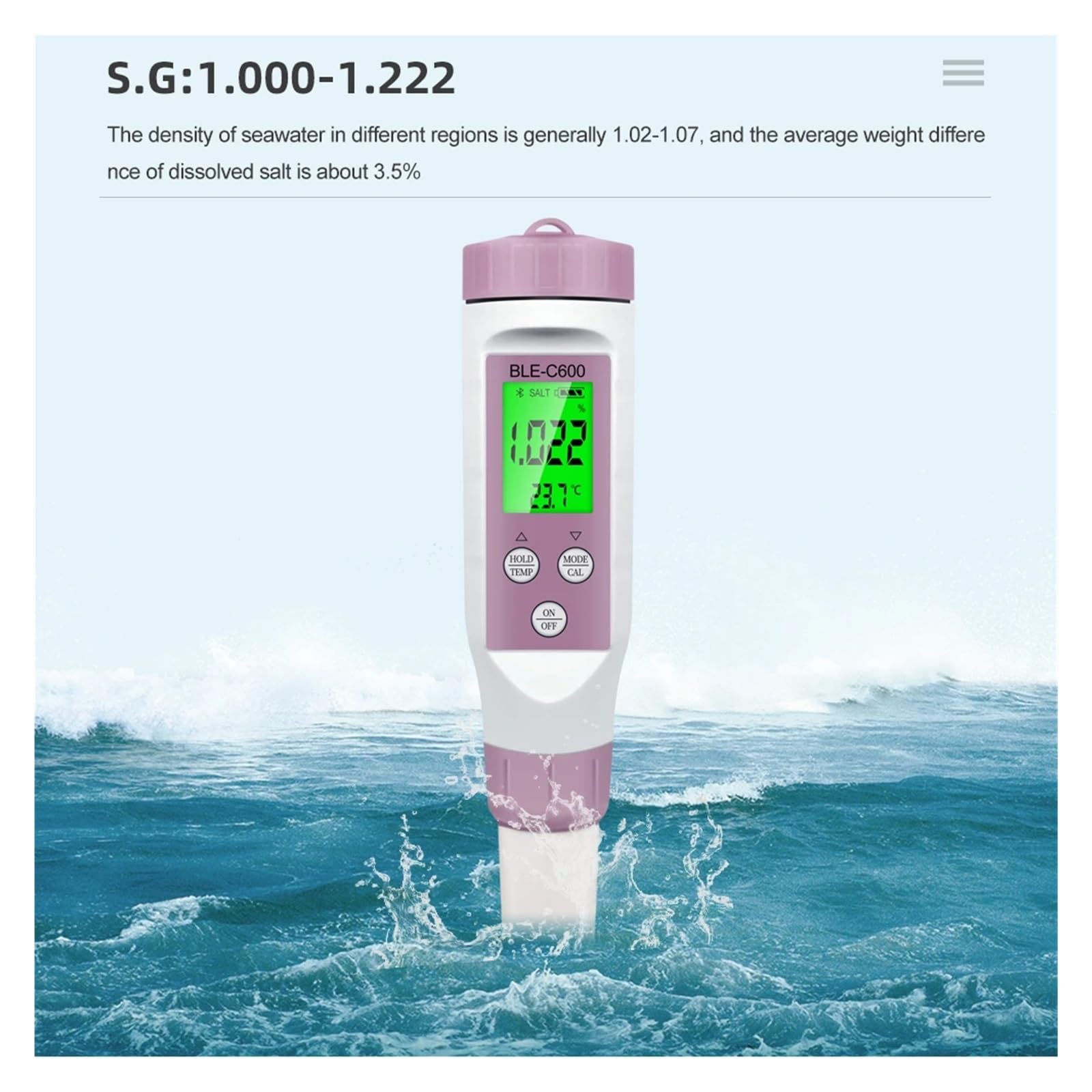 Testeur d'eau Ph-mètre À Dents Bleues 7 en 1, Moniteur Ligne PH/EC/TDS/ORP/sel/SG/Temp, Application Intelligente for Testeur d'eau Potable D'aquarium Polyvalent Précis Facile