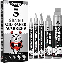 Chalkola 5 Oil Silver Permanent Marker - Oil Based Silver Paint Pens for Metal, Fabric, Glass, Automotive Tire, Furniture Touch Up Wood & Plastic Surfaces - Waterproof 1mm, 3mm, 5mm, 10mm, 15mm