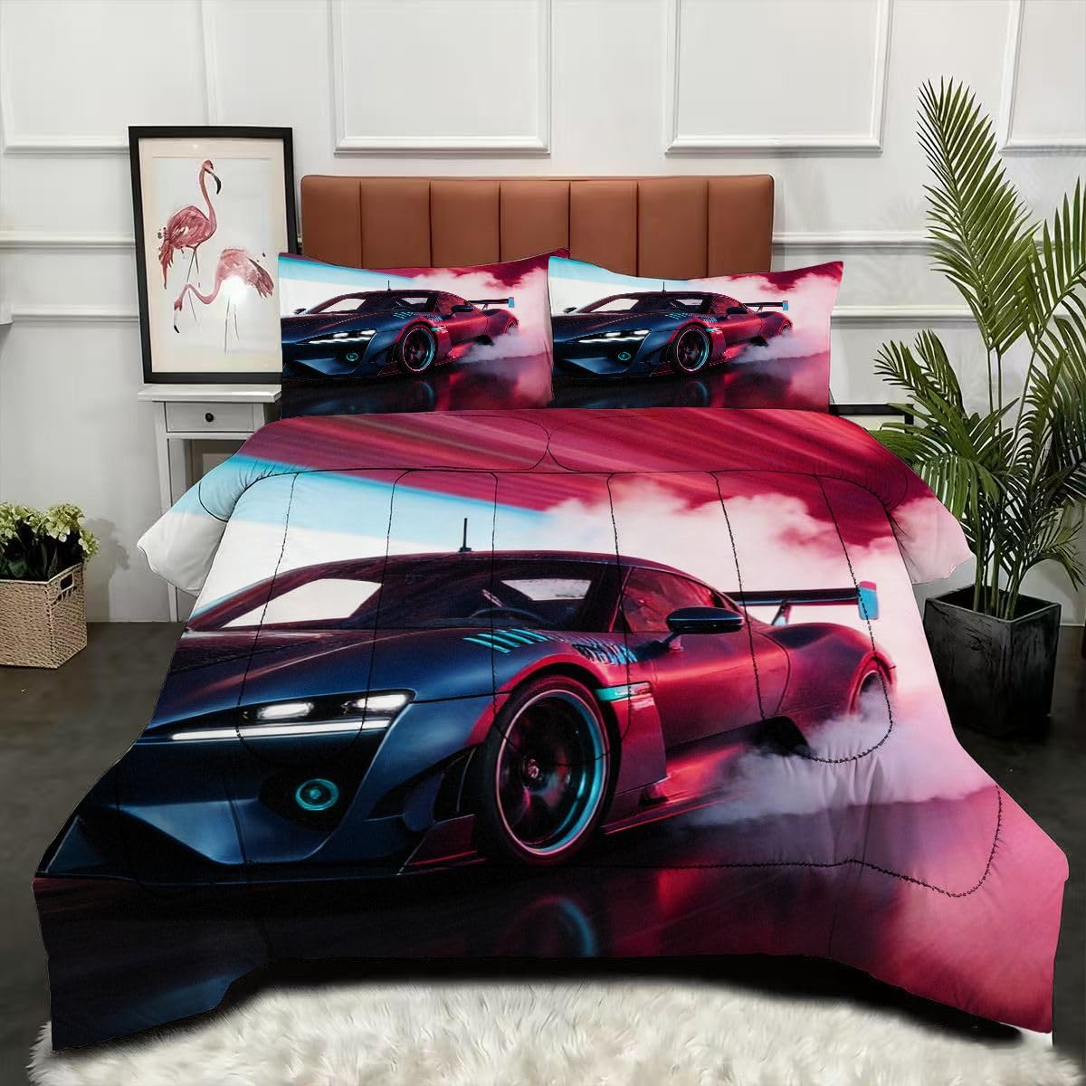 Couette 200 x 200 cm Voiture de Sport 3D avec 2 taies d'oreiller pour lit 2 personnes