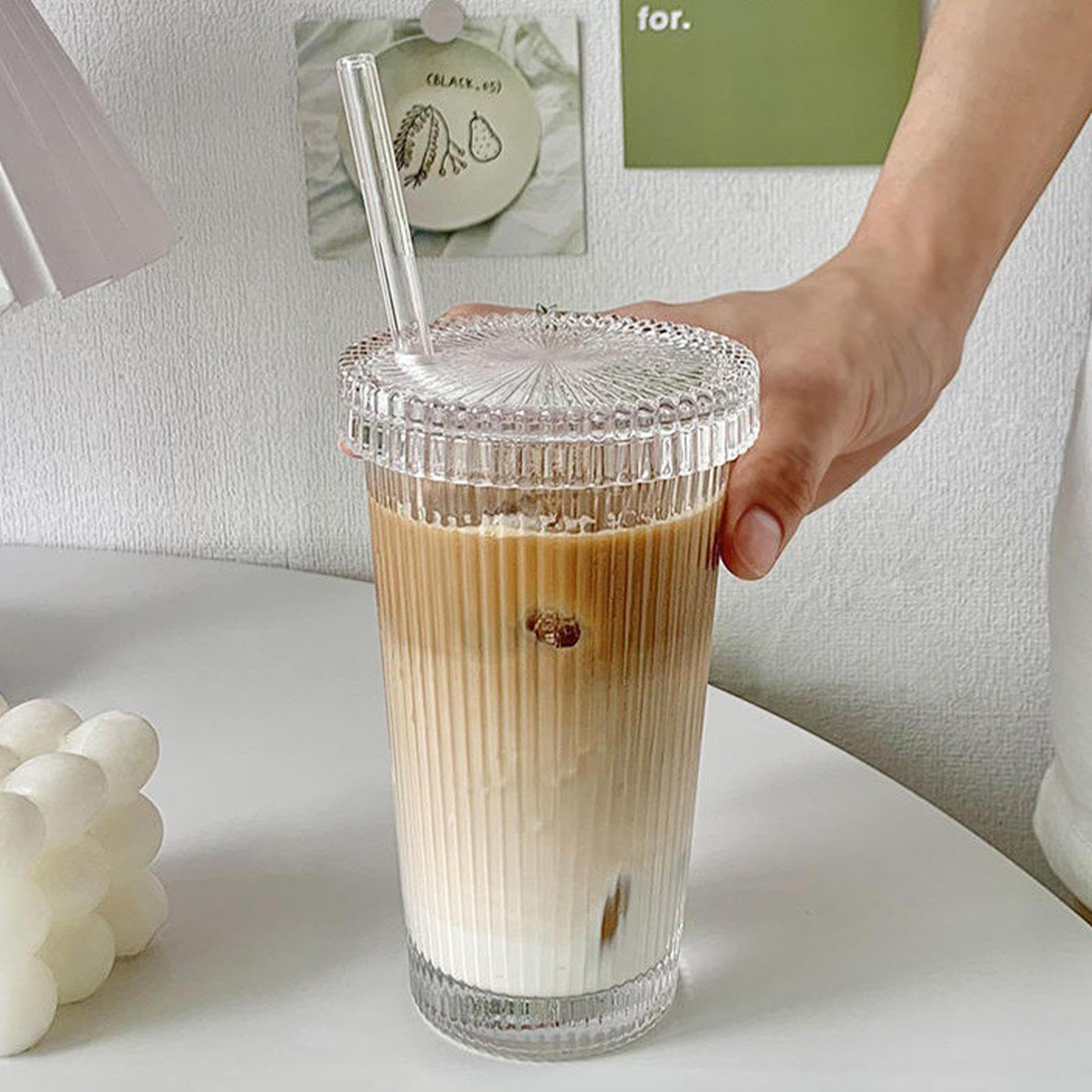 Lot De 2 Gobelets En Verre Nervuré Avec Couvercle Et Paille, Gobelets En Verre Strié, Verres