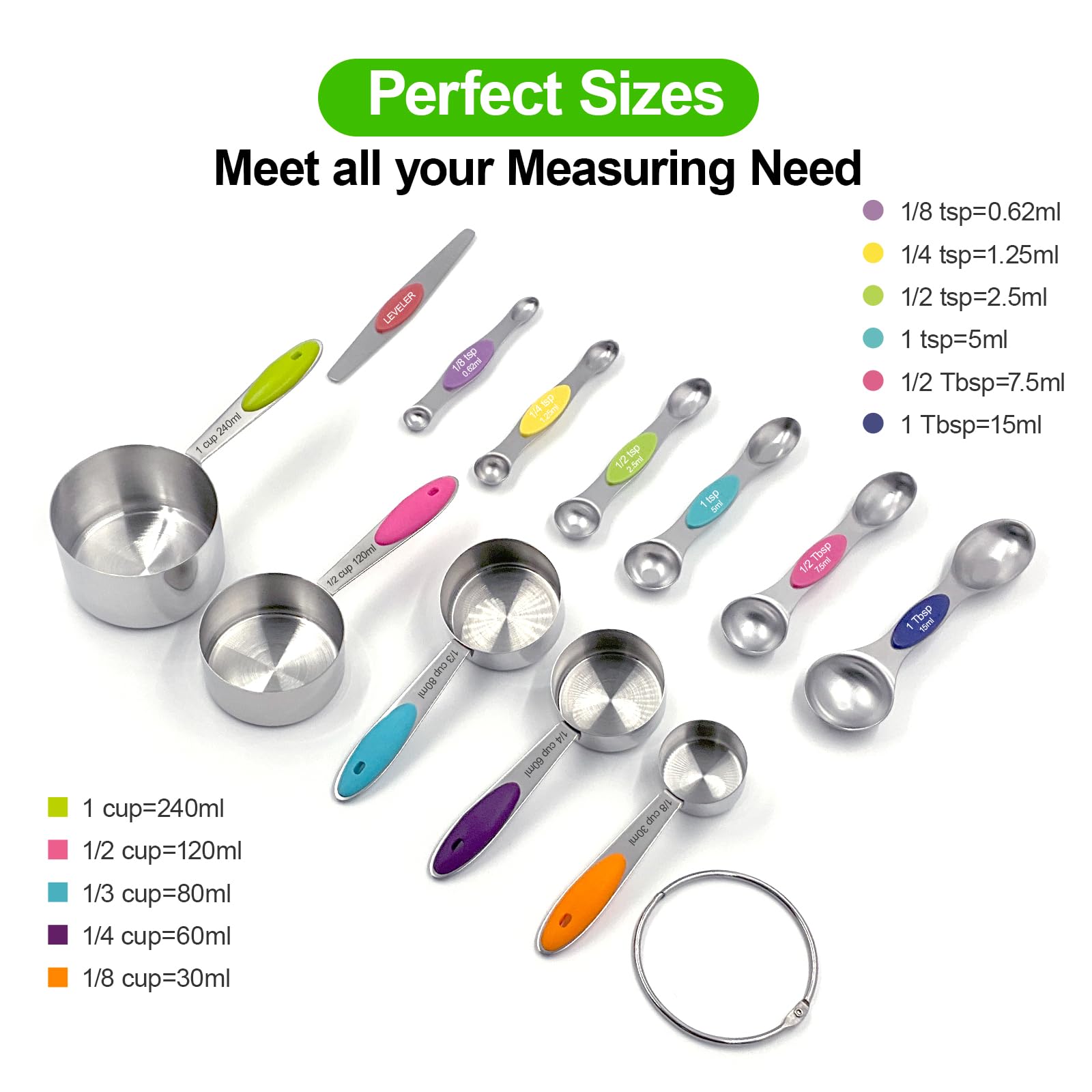 Juego de 12 tazas medidoras y cucharas, incluye 5 tazas medidoras de acero inoxidable, 6 cucharas medidoras de doble extremo y 1 nivelador Plus Mide con precisión ingredientes secos o 2