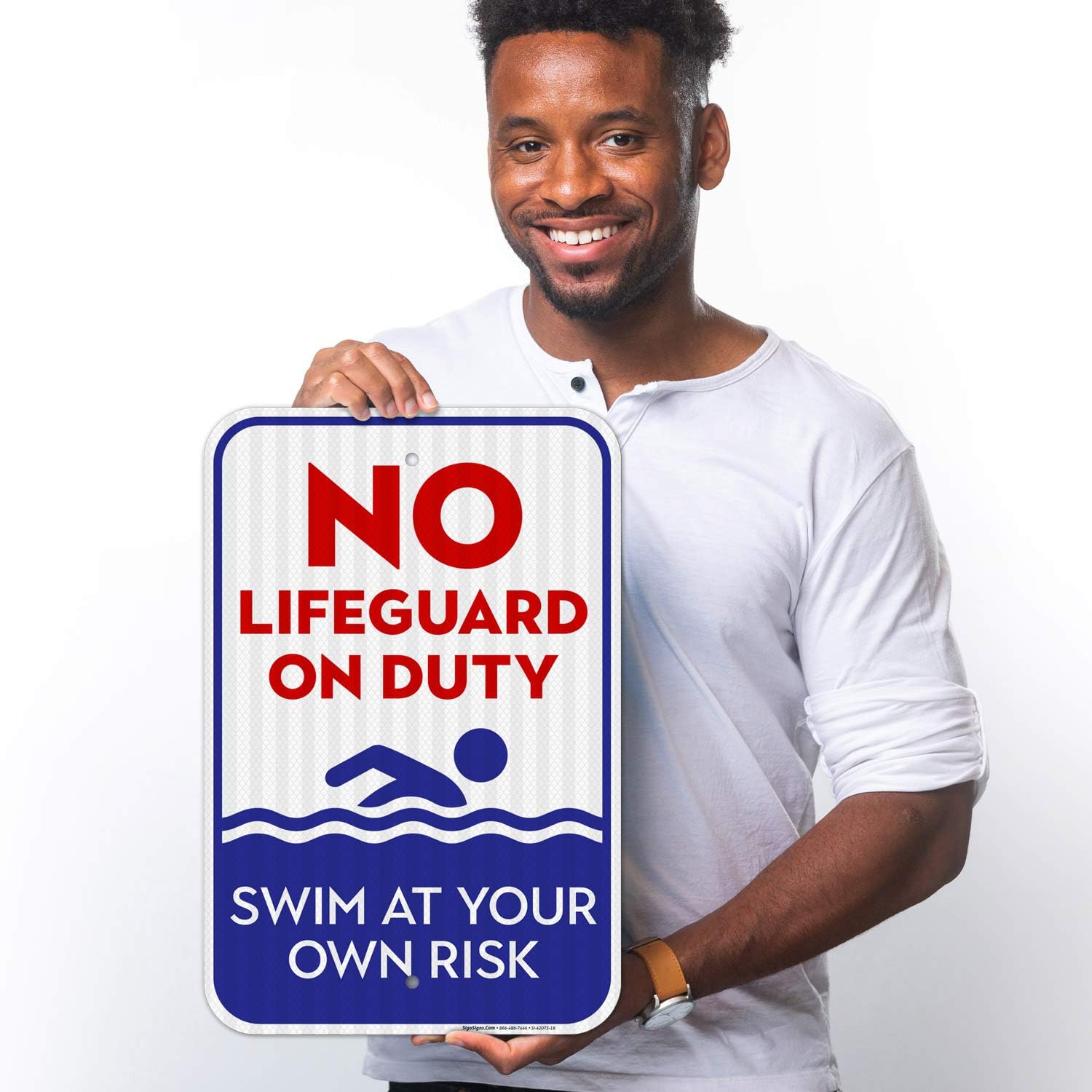 No Lifeguard On Duty Sign, Blue Pool Sign, 12x18 Inches, 3M EGP Reflective 0.63 Aluminum, Fade Resistant, Easy Mounting, Indoor/Outdoor Use, Made in USA