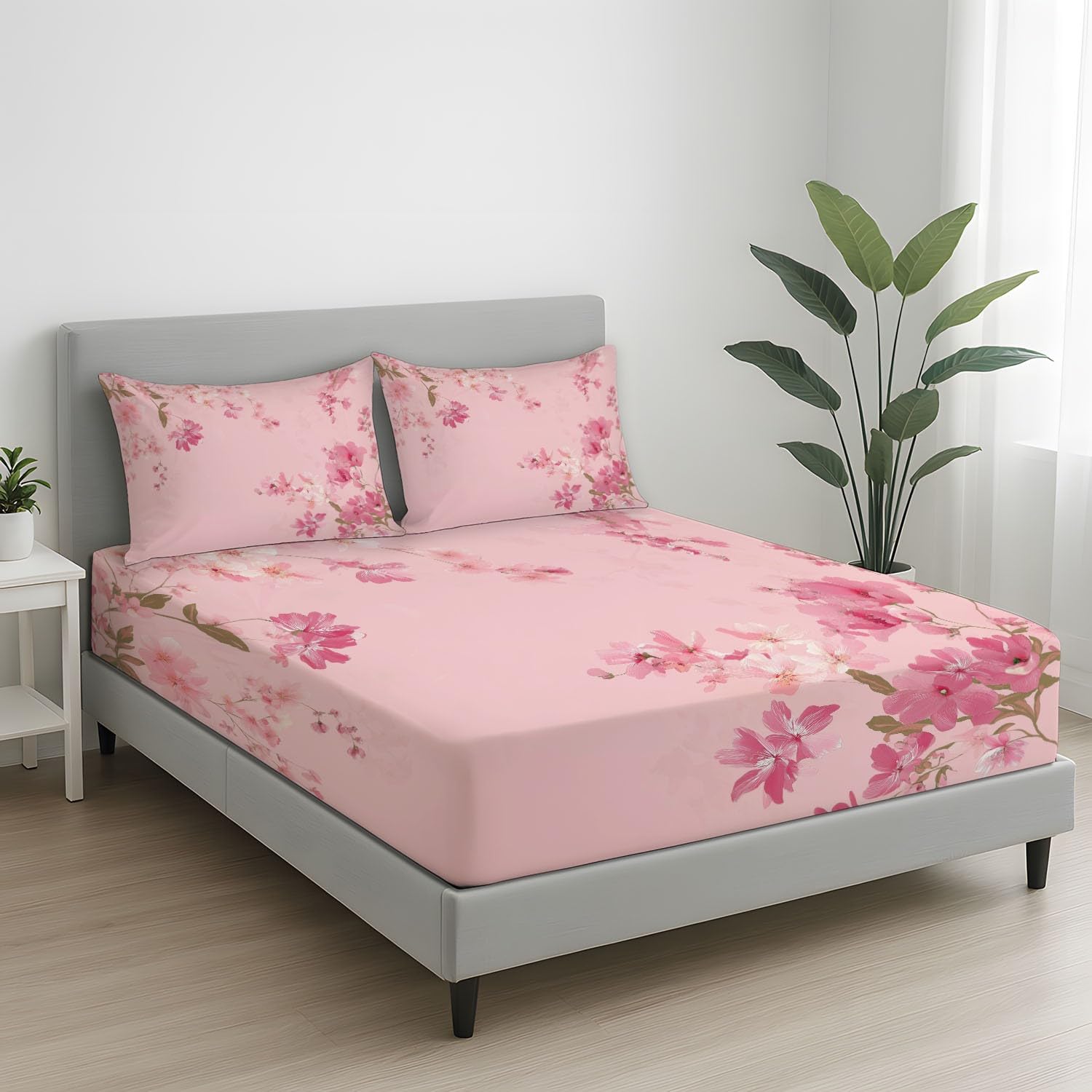 Sabana Bajera 200 x 200 cm 3 Piezas + 2 Fundas 50 x 75 cm, Se Adapta a Colchones de hasta 30 cm, Microfibra Suave, Transpirable, Antiarrugas, Rosa, Minimalista Elegante Floral