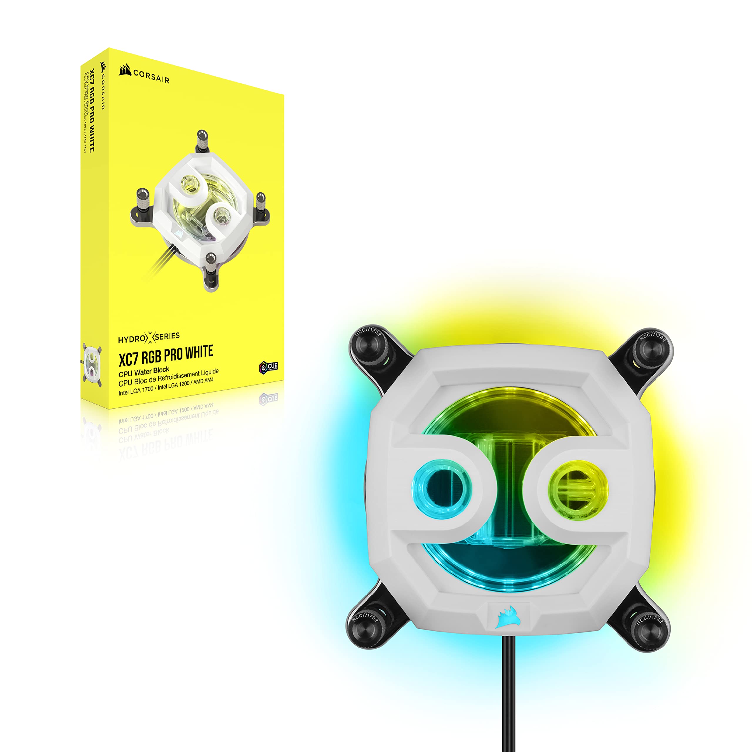 Corsair Hydro X Series XC7 RGB PRO Waterblock per CPU Intel LGA 1700, 1200, 115X e Socket AMD AM4 (Piastra di Raffreddamento in Rame Placcato, Più di 110 Micro-Alette di Raffreddamento) Bianco