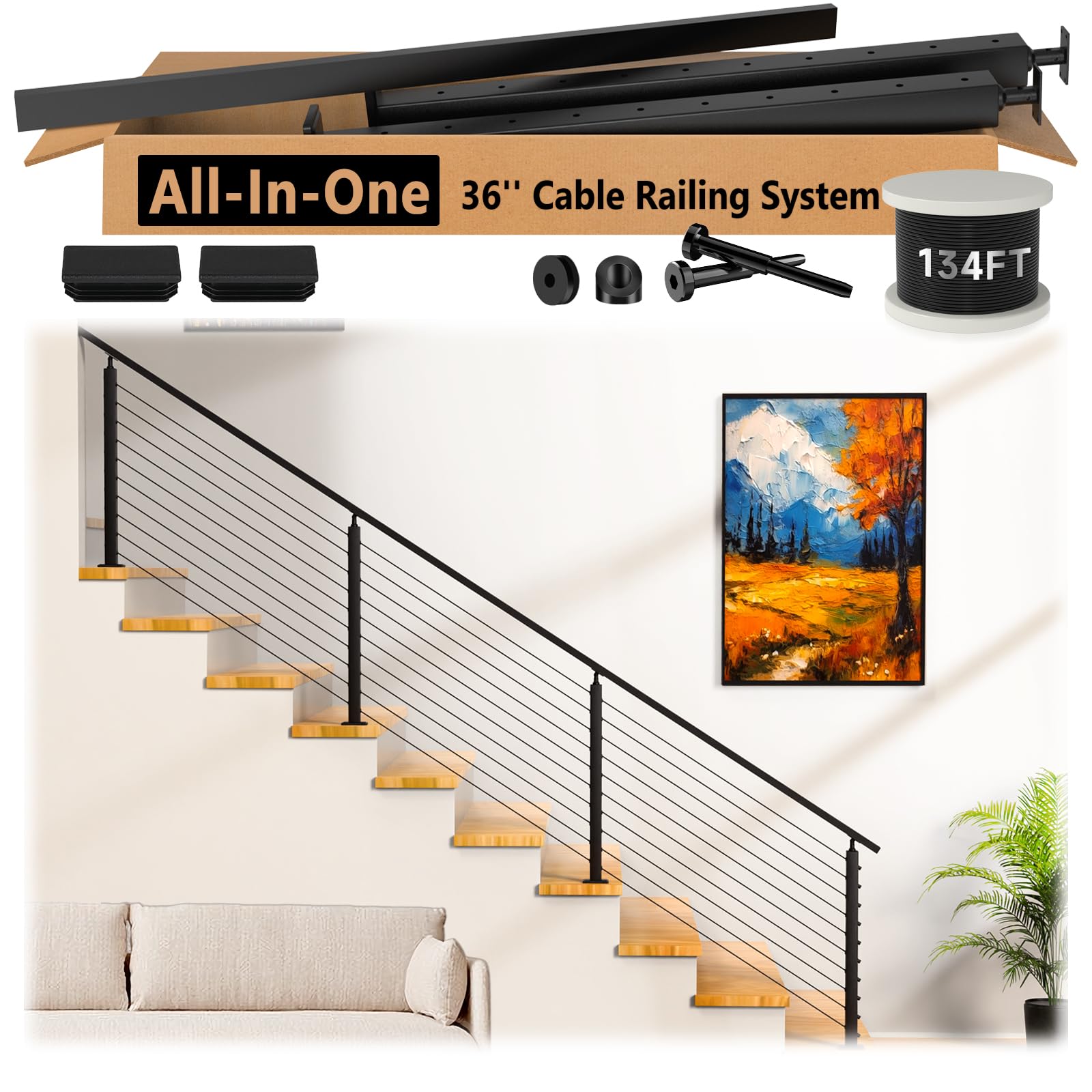 Zylorix 8ft-12ft Complete Set 36" Cable Railing System 33° Drilled with Cuttable Handrail Cable Rail, Black T304 Stainless Steel Angle Cable Railing