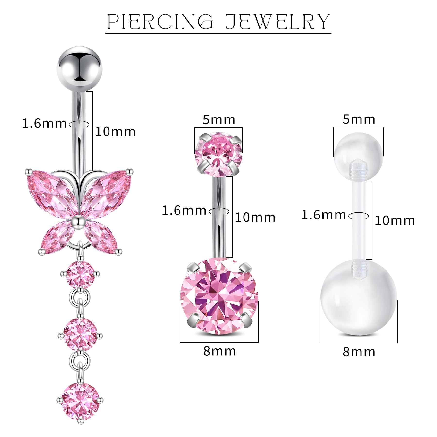 WillTen Zestaw 10 kolczyków do pępka, z pistoletem do piercingu, ekstra 13 g, 14 G, z chirurgicznej stali nierdzewnej 316L, do pępka, nosa, sutków, języka