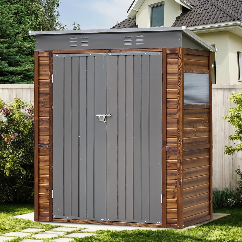Tool Shed with Metal Frame and Wood-Grain Panels for Outdoor Storage