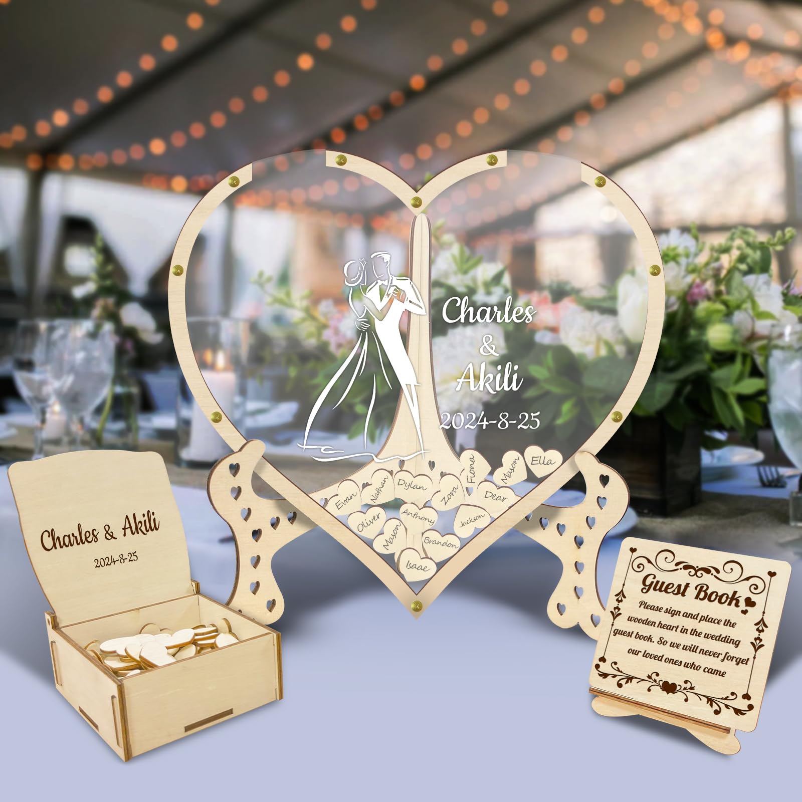 Neamon Livre D'Or Mariage En Bois 120 Cœurs – Cadre Rustique Avec Stylo Et Support Idéal Baptême Anniversaire