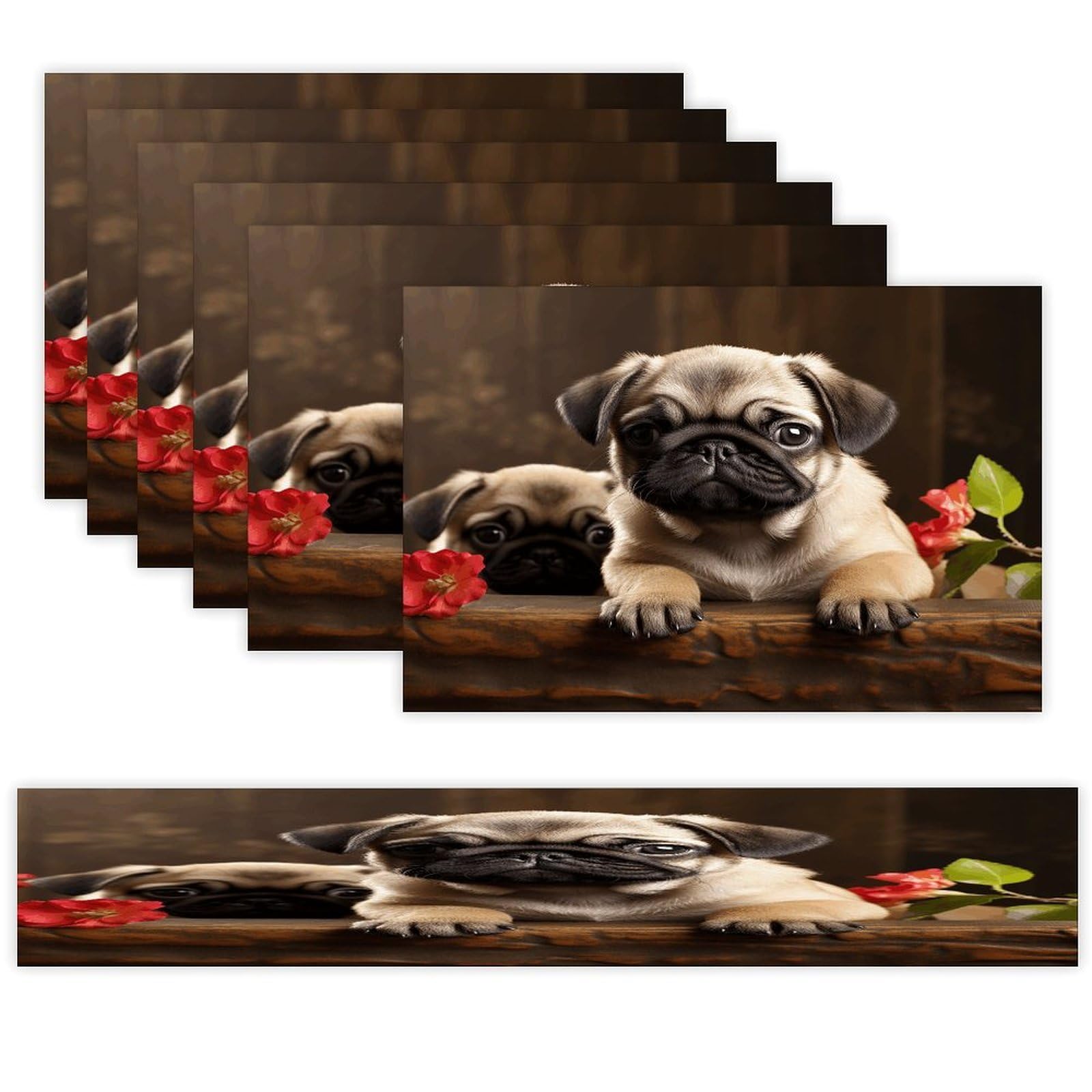 Puppys Pug Table Runner and Placemats of 6 Washable Heat Resistant Place Mats with Table Runner Vintage Holiday Table Mat Set for Holiday Party Kitchen Dining Deco
