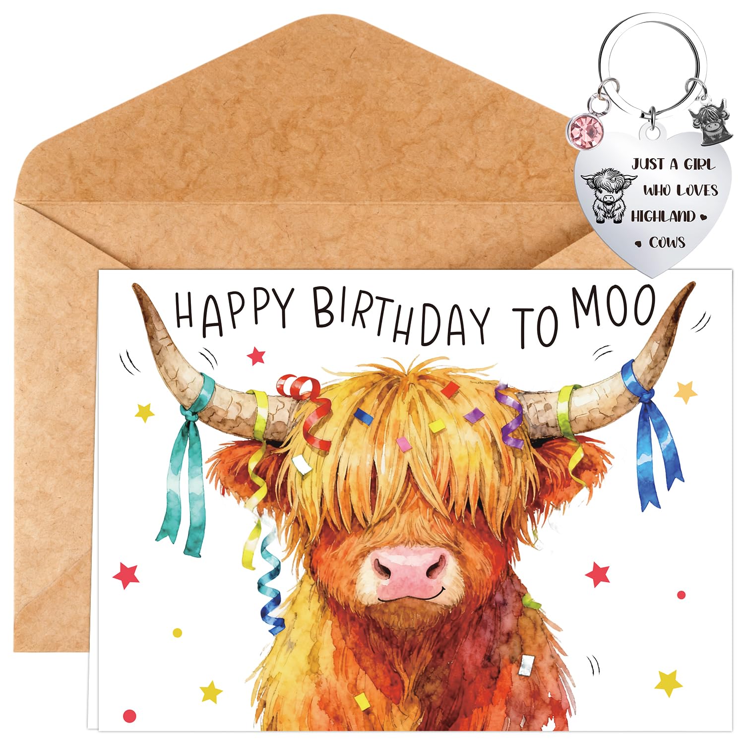 Eiapadeor Funny Highland Cow Gifts Set - Highland Cow Happy Birthday Greeting Card with Keyring for Men Women Him Her Cattle Lover Present for Christmas Birthday Valentines Graduation โ image 1