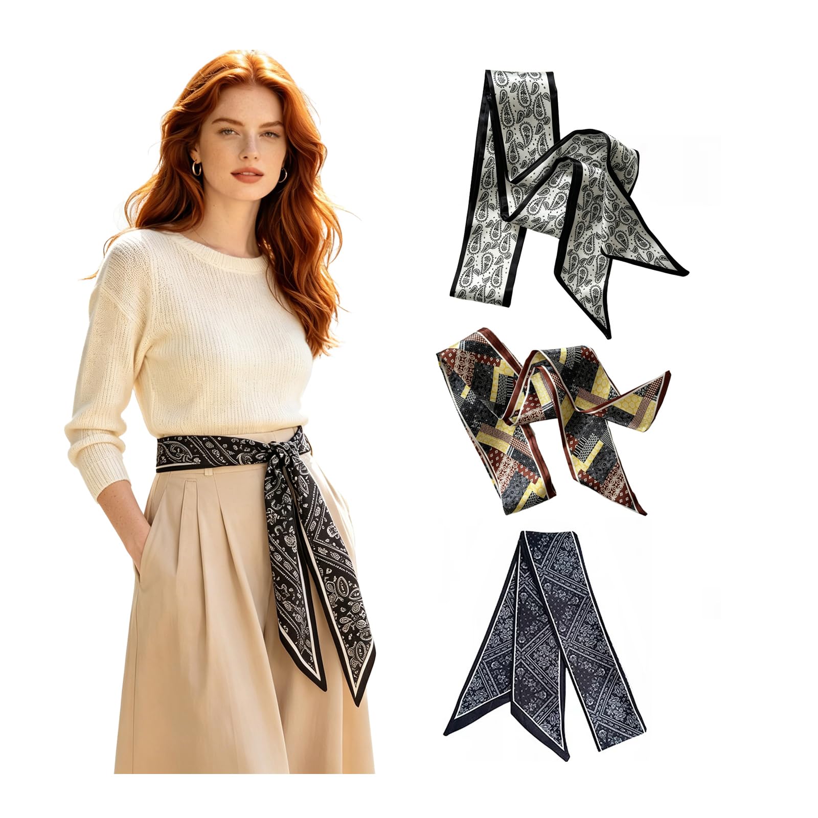 3Pcs Scarfs for Women Stylish, Belt for Women Jeans, Floral Print Satin Scarf, Hair, Neck, Waist Belt and Handbag Accessory for Casual & Holiday Outfits-image-4