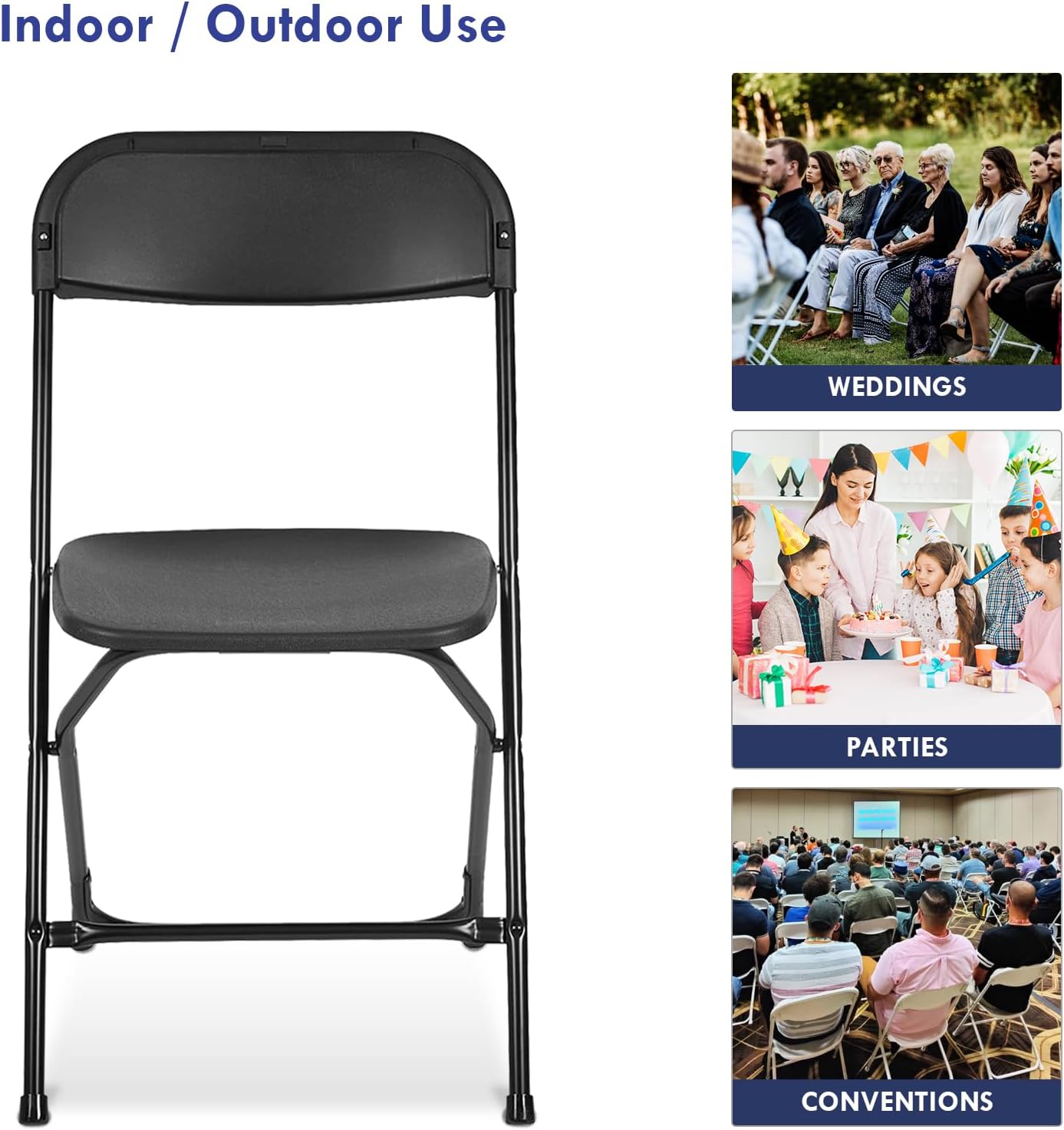 AJP Distributors Folding Chair,Comfortable Event Chair with Back,Portable Stackable Commercial Seat for Indoor and Outdoor,Office,Wedding,Party,Picnic,Kitchen Dining,Patio&Garden(Black,10 Pack 650 lb)