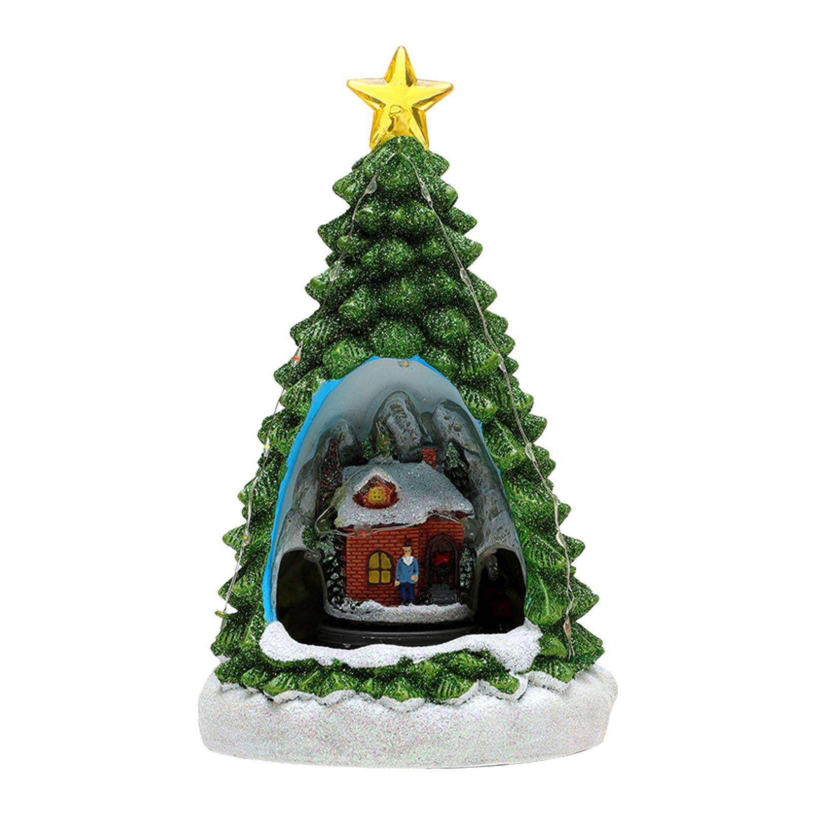 Uonlytech Statuette animate musicali di casette natalizie a forma di albero, edifici in resina con casette di neve e trenino girevole con luce LED, regalo di Natale, decorazione da tavolo per le feste