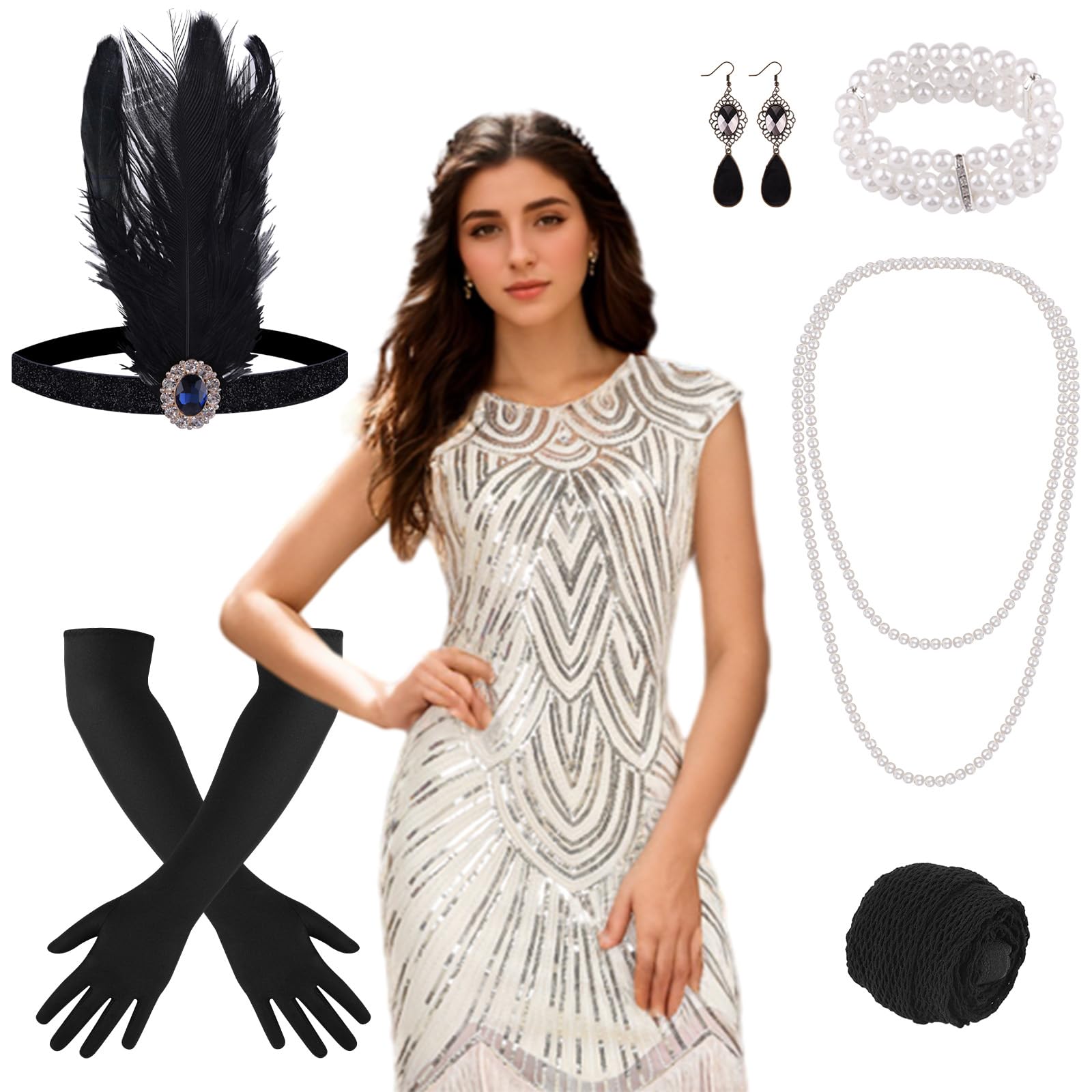 PLULON1920s Sequin Beaded Fringed Flapper Dress with 20s Accessories Set