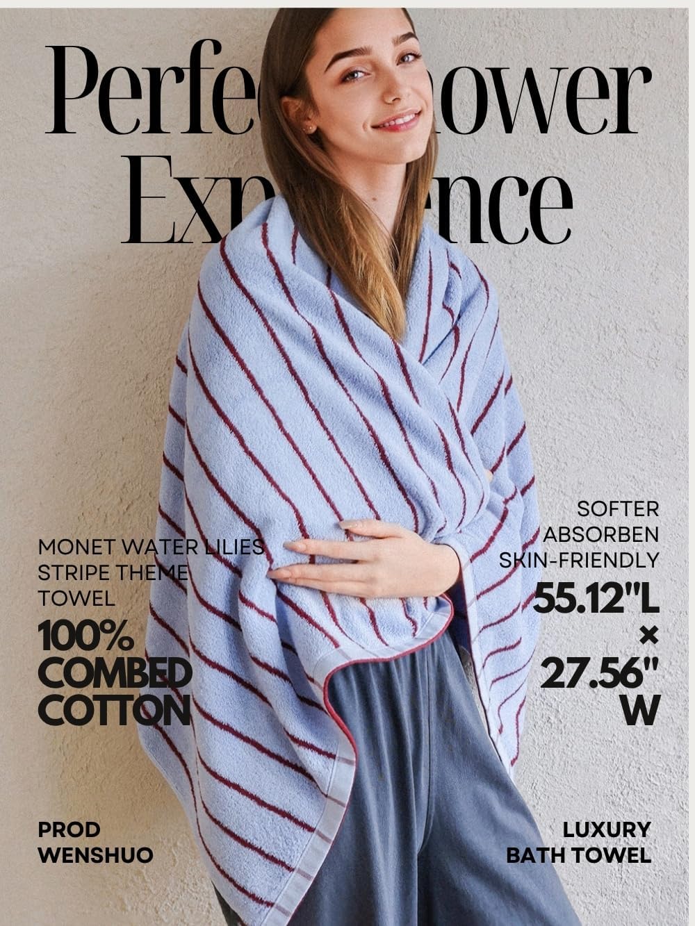 WENSHUO Sea Salt Twilight-Pure Cotton Striped Bath Towel,100% Combed Cotton,Luxury Shower Towel,Super Absorbent(Pack of 1) (55.12" L × 27.56" W) - Image 4