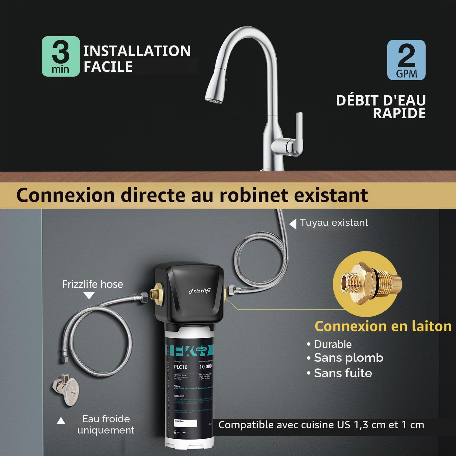 Frizzlife Système de filtre à eau FK99 sous lavabo, certifié NSF/ANSI 53 & 42, élimine 99,99% du chlore, du plomb, mauvais goût et odeurs, 0,5 micron, filtre à eau potable