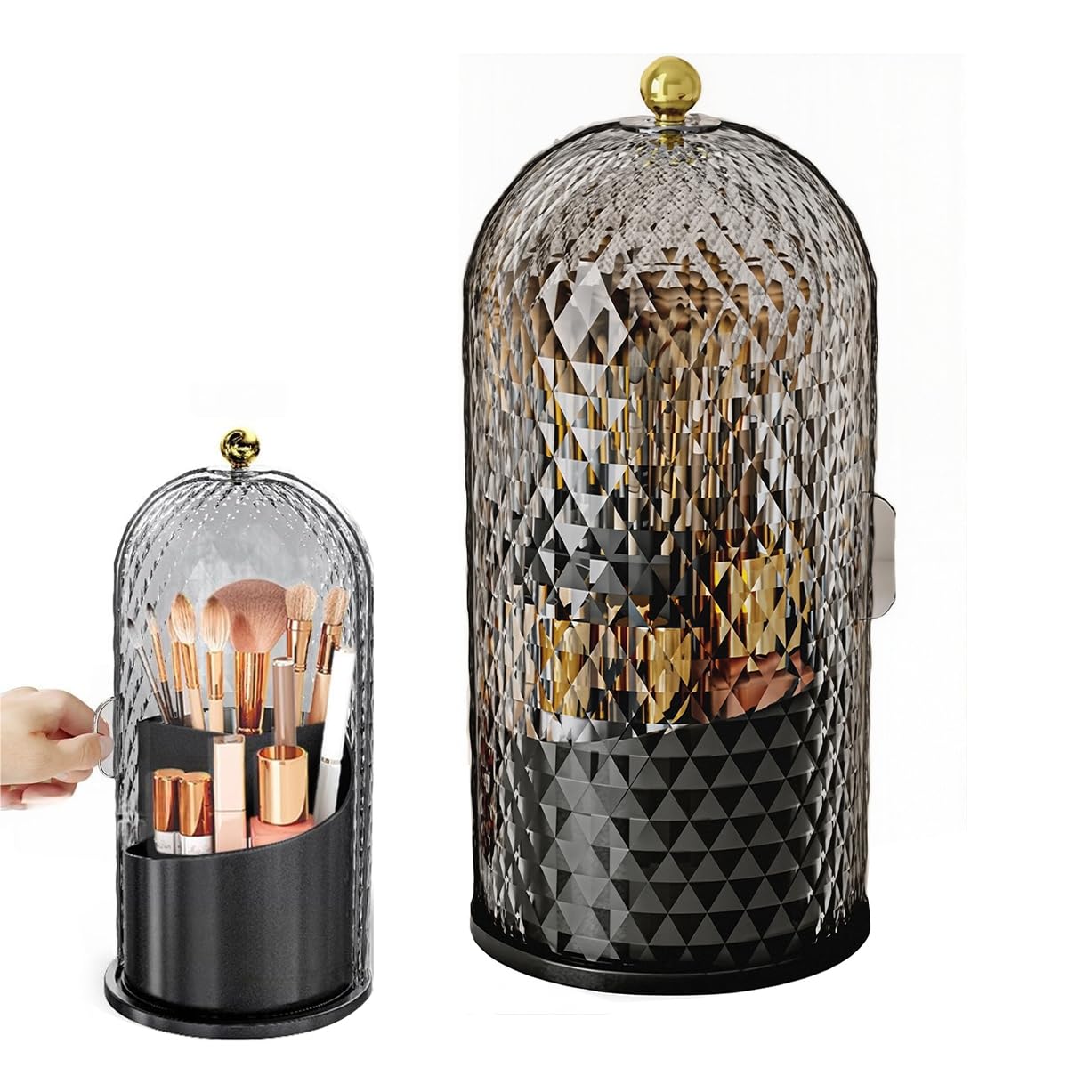 MAYCREATE® Makeup Brush Holder with Lid, 360 Rotating Clear Dustproof Skincare Cosmetic Tools Storage Organizer for Vanity Desktop Bathroom Countertop - Black-image-1