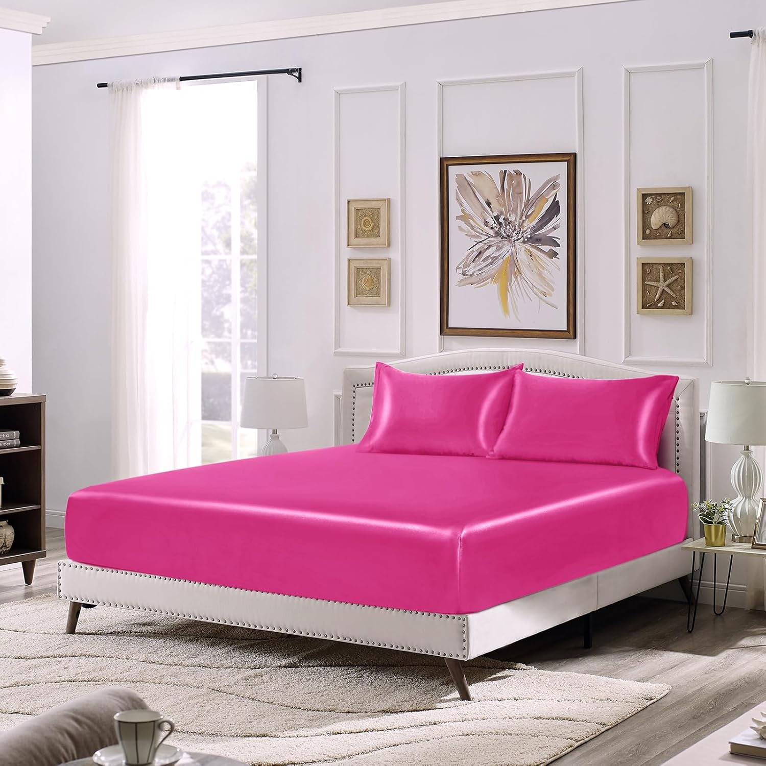 SiinvdaBZX 3-Piece Set Satin Queen Fitted Sheet & 2 Pillowcase, Hot Pink Silky Soft Fitted Bottom Sheet, Wrinkle Free, Fade Resistant, Deep Pocket Bed Sheet (Deep Up to 15")