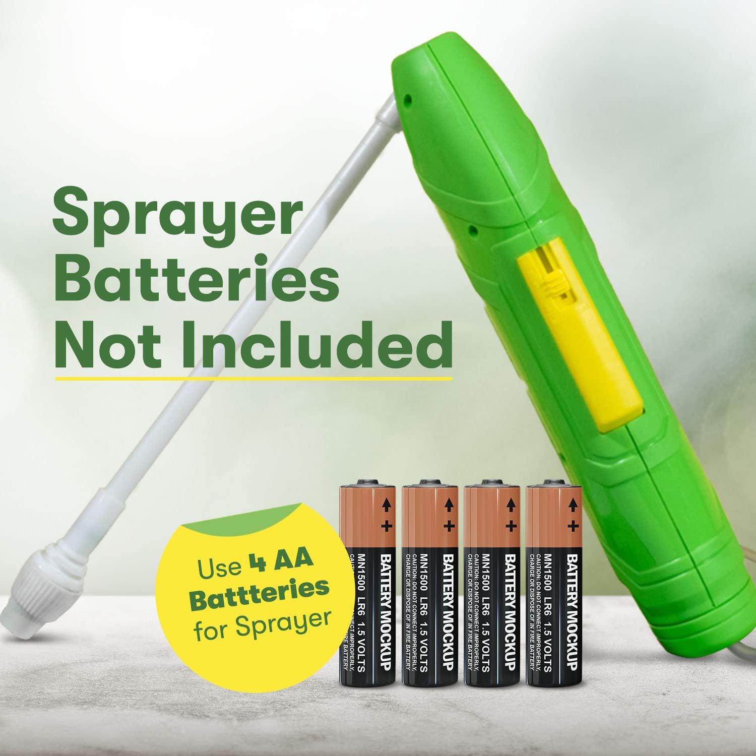 Sprayer with battery compartment open and 4 AA batteries shown