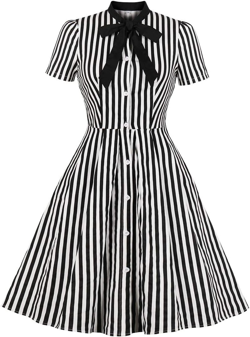 Women's Tie Button up Stripes Halloween Costume Gothic Vintage Dress