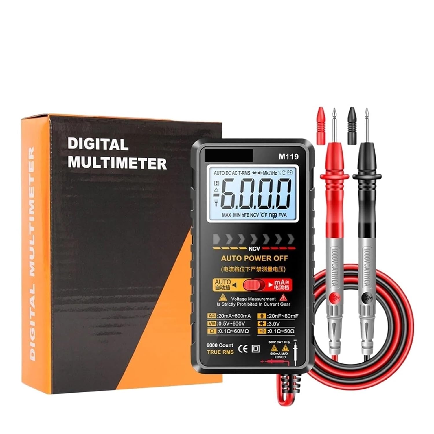 M119 Portable Multímetro Tester 6000 Counts Mmultimetro Digital Multitester Auto Switching Machine Multimeter Tools(M119 Black with Box)