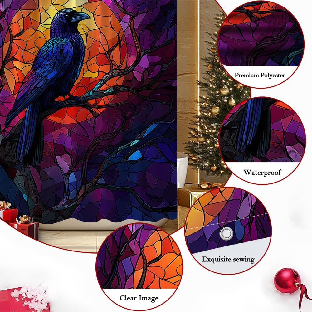 Stained Glass Raven Shower Curtain Black Blue Crow Stand Branch Full Moon Scary Spooky Halloween Theme Bathroom Polyester Curtains Set with Hooks 70x84 Inch