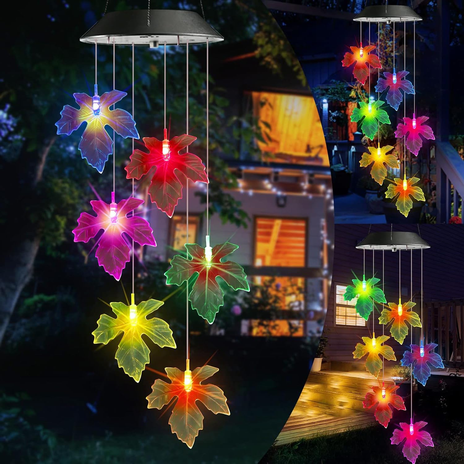 Solar Maple Leaf Wind Chime - Color Changing LED Outdoor Decor - Waterproof Hanging Mobile for Garden Patio - Thanksgiving & Party Lighting
