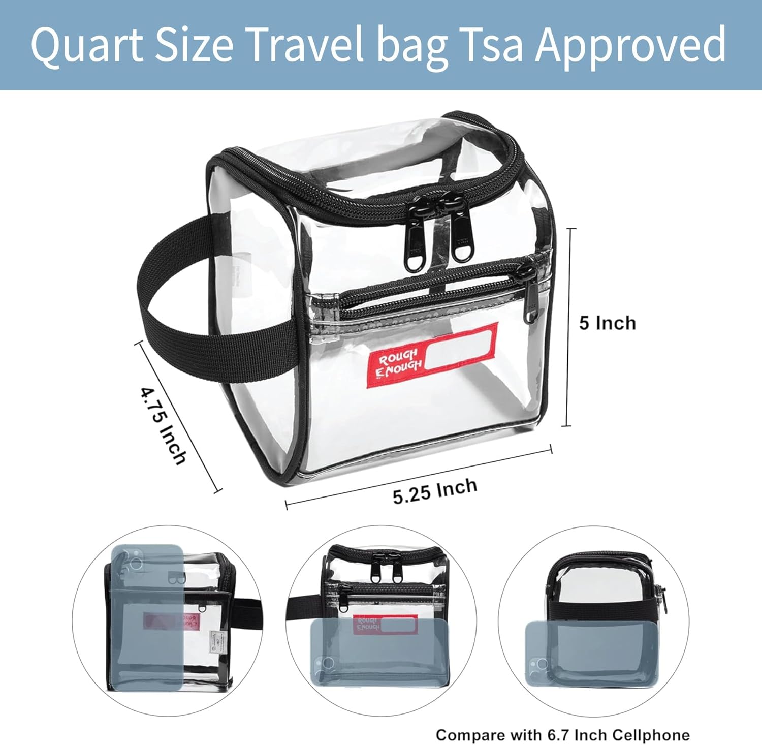 Rough Enough Clear TSA Approved Toiletry Bag Quart Size Travel Makeup Case with Zipper Compartment Small Mini Cosmetic Pouch Carry on for Women - Image 3