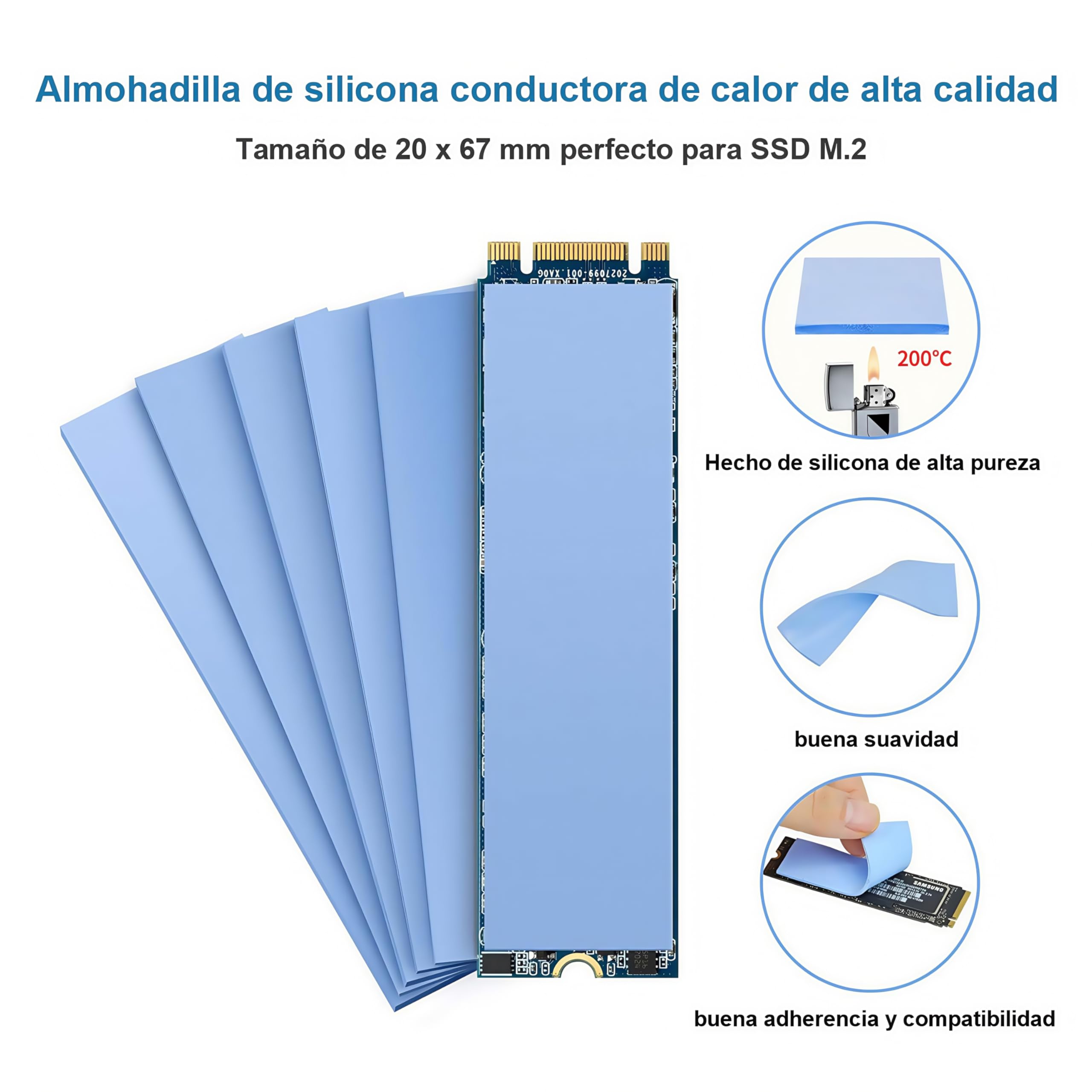 Paquete de 9 almohadillas de silicona conductoras térmicas de 0,5, 1,0, 1,5 mm de grosor, con conductividad térmica de 6,0 W/mk, suave, seguro, fácil de aplicar para SSD, CPU, GPU-Azul