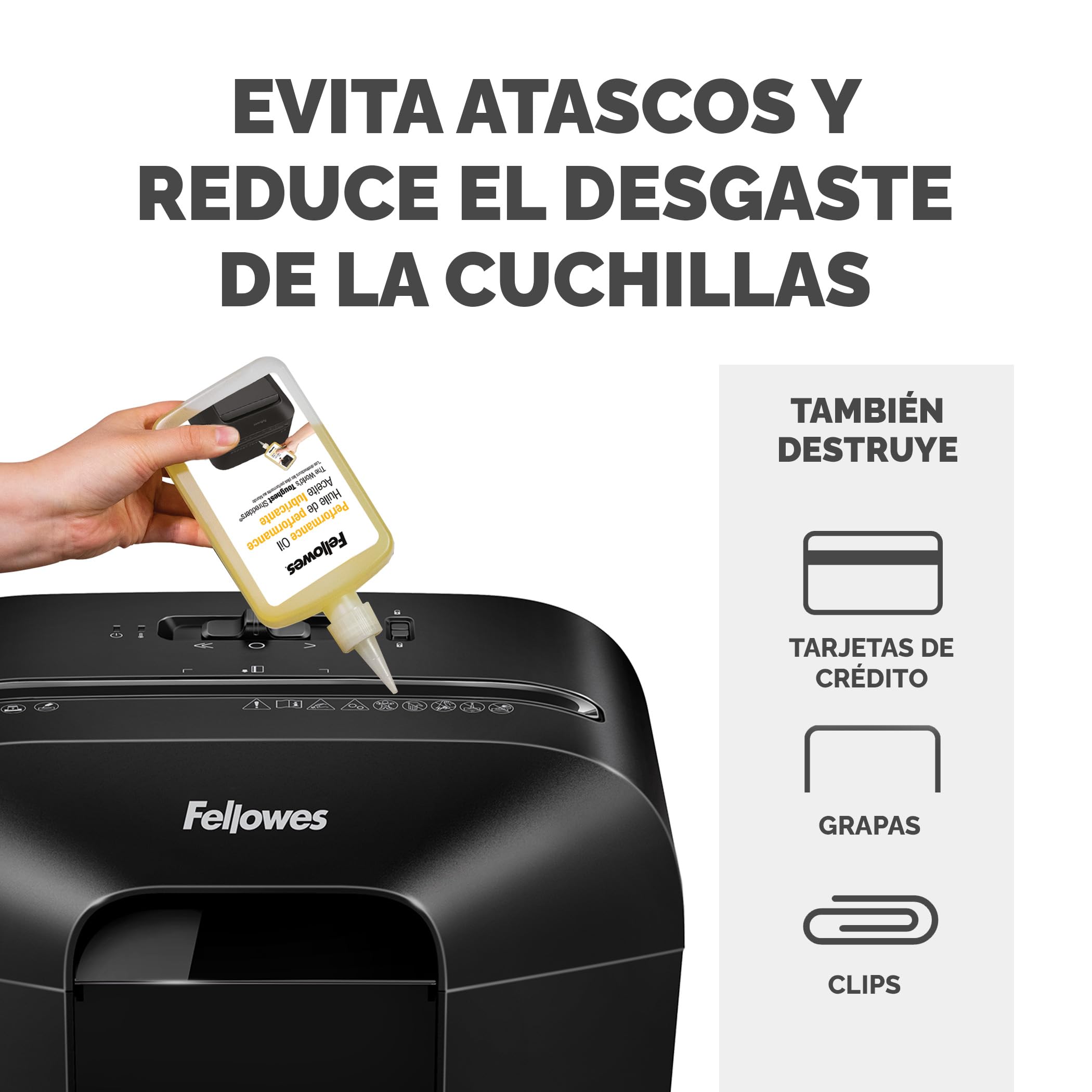 Fellowes Trituradora de Papel LX50, Corte en partículas, destruye hasta 9 Hojas, Uso Personal, con Bloqueo de Seguridad, Negro + Aceite lubricante para destructoras de papel, 355 ml