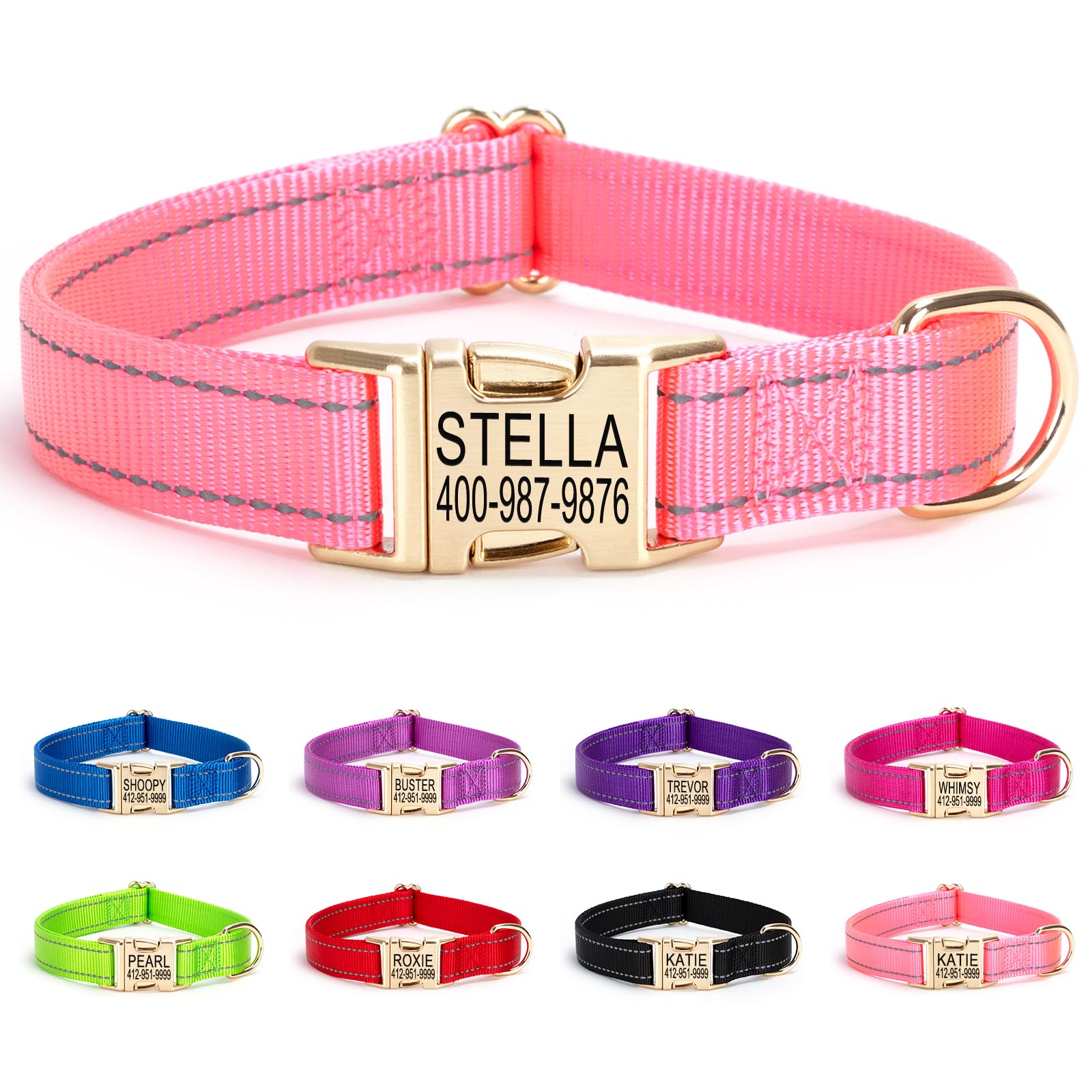 Personalized Dog Collar with Name Tag,Reflective Nylon Pet Collar, Engraved Gloden Buckle Dog Collars,XS S M L XL Adjustable Pet Collar for Small Medium Large Dogs,Christmas Pet gift(Pink) — image 1