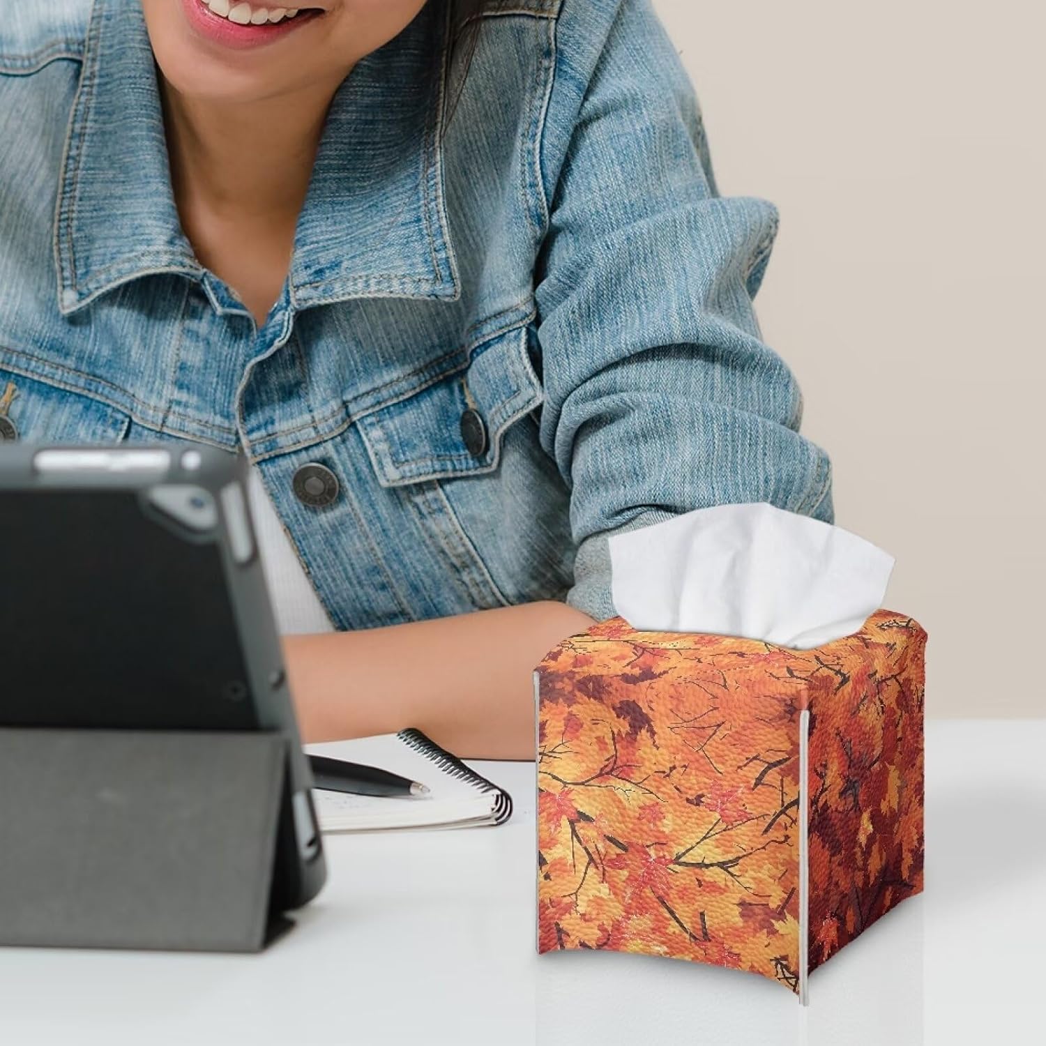 Fall Maple Tissue Box Cover Paper Tissue Case Organizer - Square for Home/Office/Car/Living Room - Leather Thanksgiving Decor