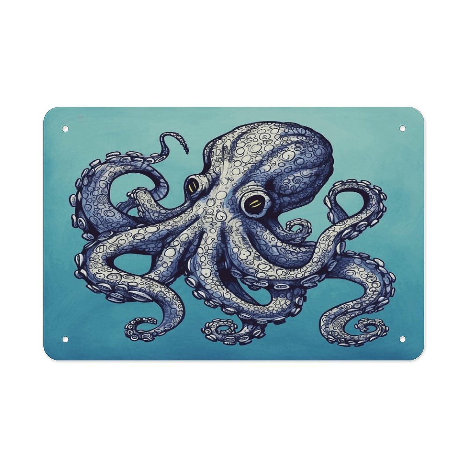 Octopus Design Metal Tin Sign 12"x8" Wall Art Prints Poster Decorative Picture Metal Signboard Decor Painting Folded Edge Iron Sheet Painting with Holes for Wall Decor