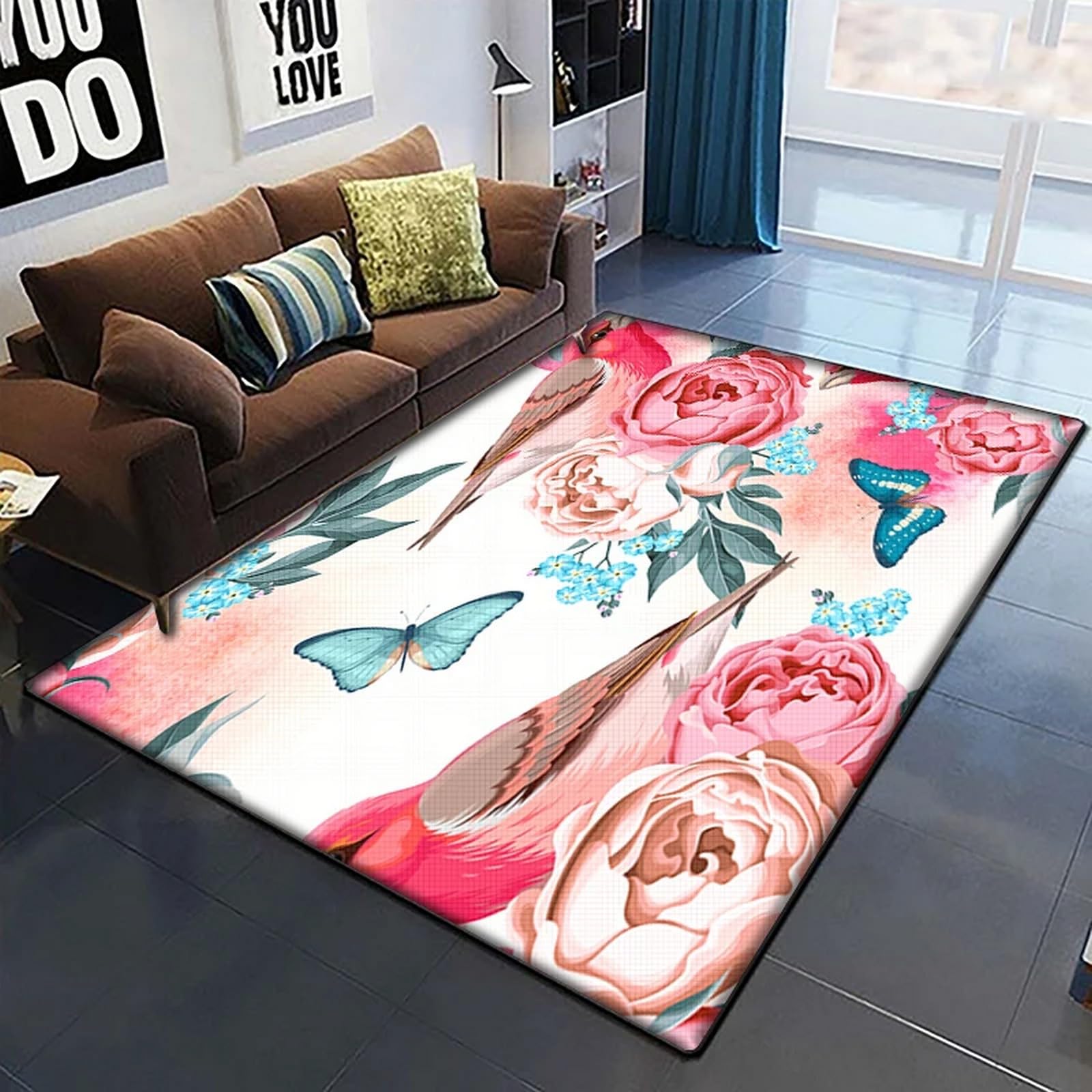 Tapis de sol de couloir fleur rose 3D lavable et antidérapant avec caoutchouc