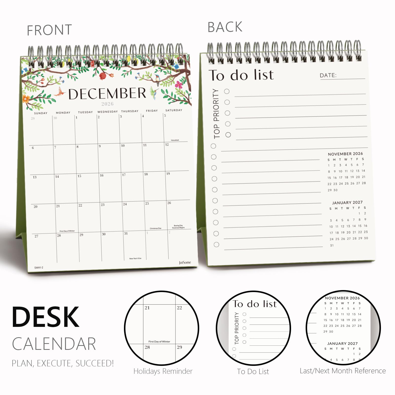 Jotsome Kleiner Tischkalender 2026, 18 Monate, stehender Flip-Kalender (15,2 x 19,1 cm) von Januar 2026 bis Juni 2027, doppelseitiges Design, ästhetischer Schreibtischkalender mit To-Do-Liste