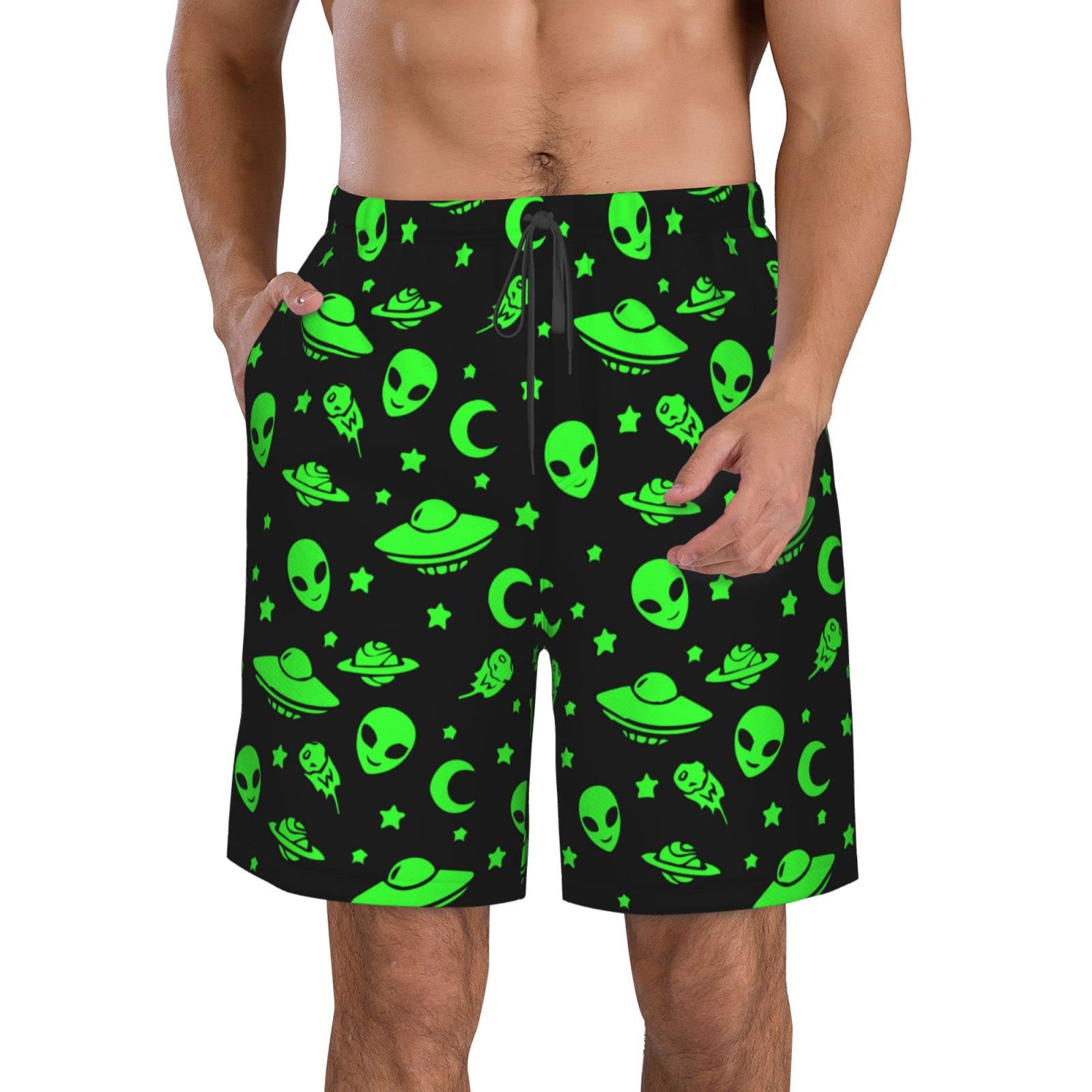 WONDERMAKE Mens Big Tall Green Alien Moon Spaceships Planet Black Swim Trunks Board Shorts Quick Dry Loose Beachwear Large