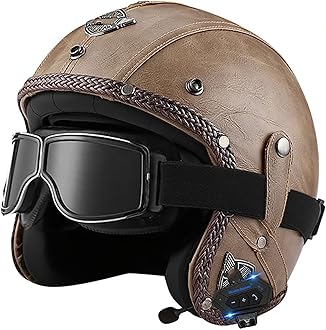 Retro Open Face Motorbike Helmet with Bluetooth, Leather Jet Helmet with Personalized Goggles, DOT Approved 3/4 Motorcycle Half Helmet, Crash Helmet for Adult Men and Women