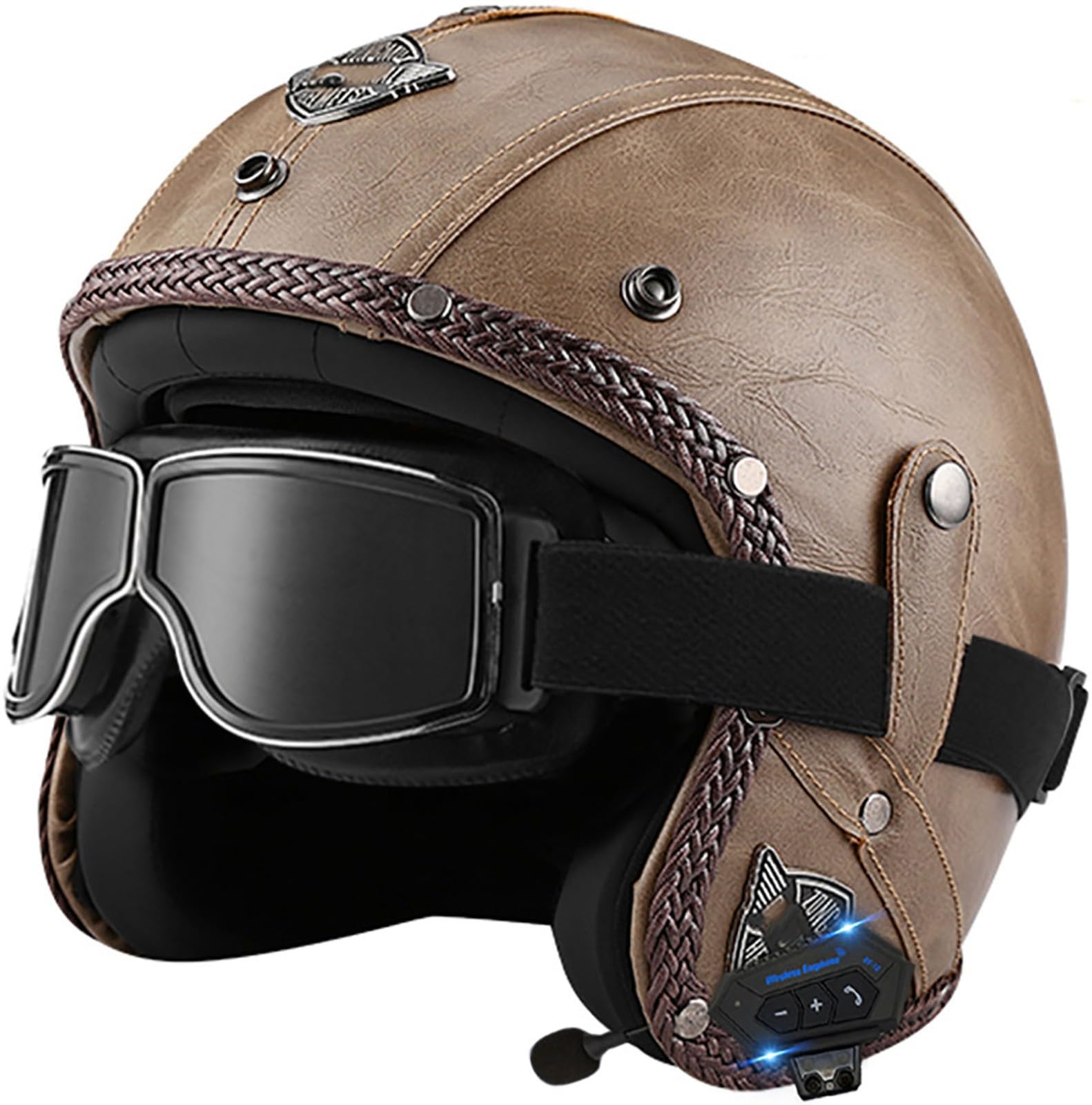 Retro Open Face Motorbike Helmet with Bluetooth, Leather Jet Helmet with Personalized Goggles, DOT Approved 3/4 Motorcycle Half Helmet, Crash Helmet for Adult Men and Women