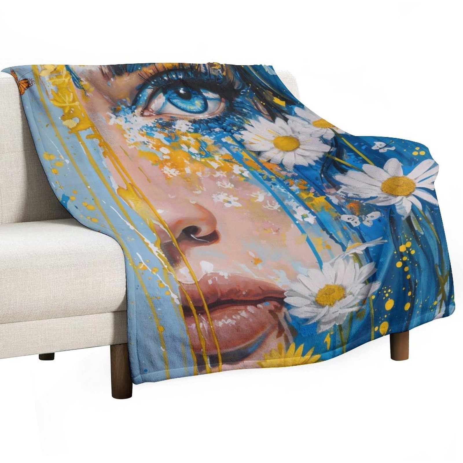 YHGSREUOH Blue Eye Floral Butterfly Woman Surreal 01 Flannel Blankets Fleece Soft Throw Lightweight Plush Gifts for Couch, Bed, Cozy Sofa Plush, Chair, Lovers 130x150cm(50x60in)