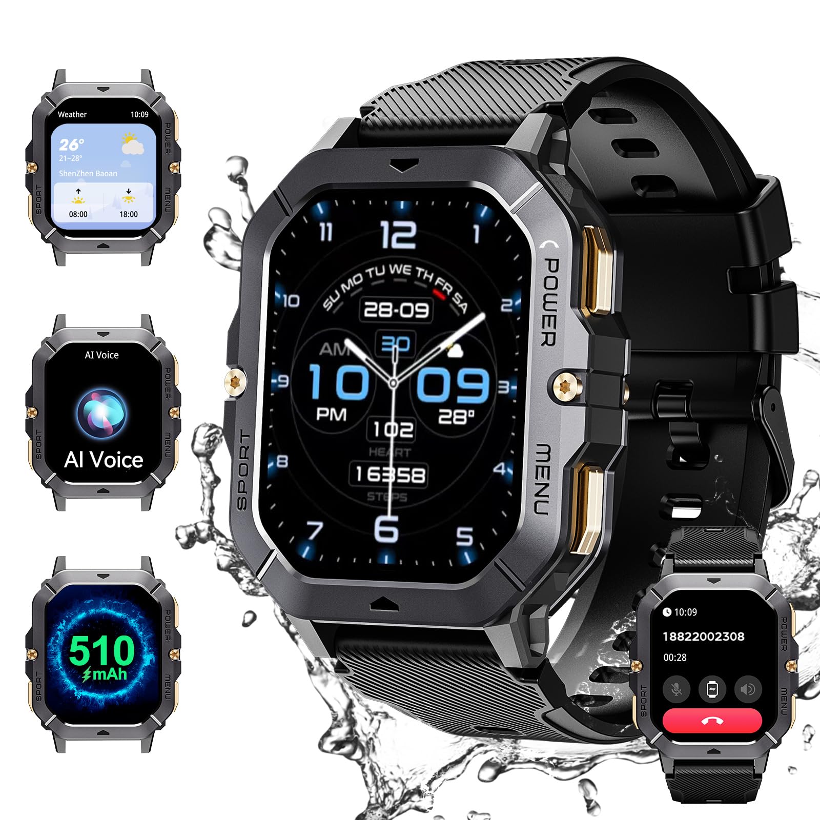 CUBOT C28 Smartwatch, 2.02 Pollici HD Fitness tracker, 120+ Modalit�  Sportive, 5ATM Impermeabile, 510mAh, con Funzione Telefono/Frequenza  cardiaca/SpO2, per iOS/Android Nero : Amazon.it: Elettronica