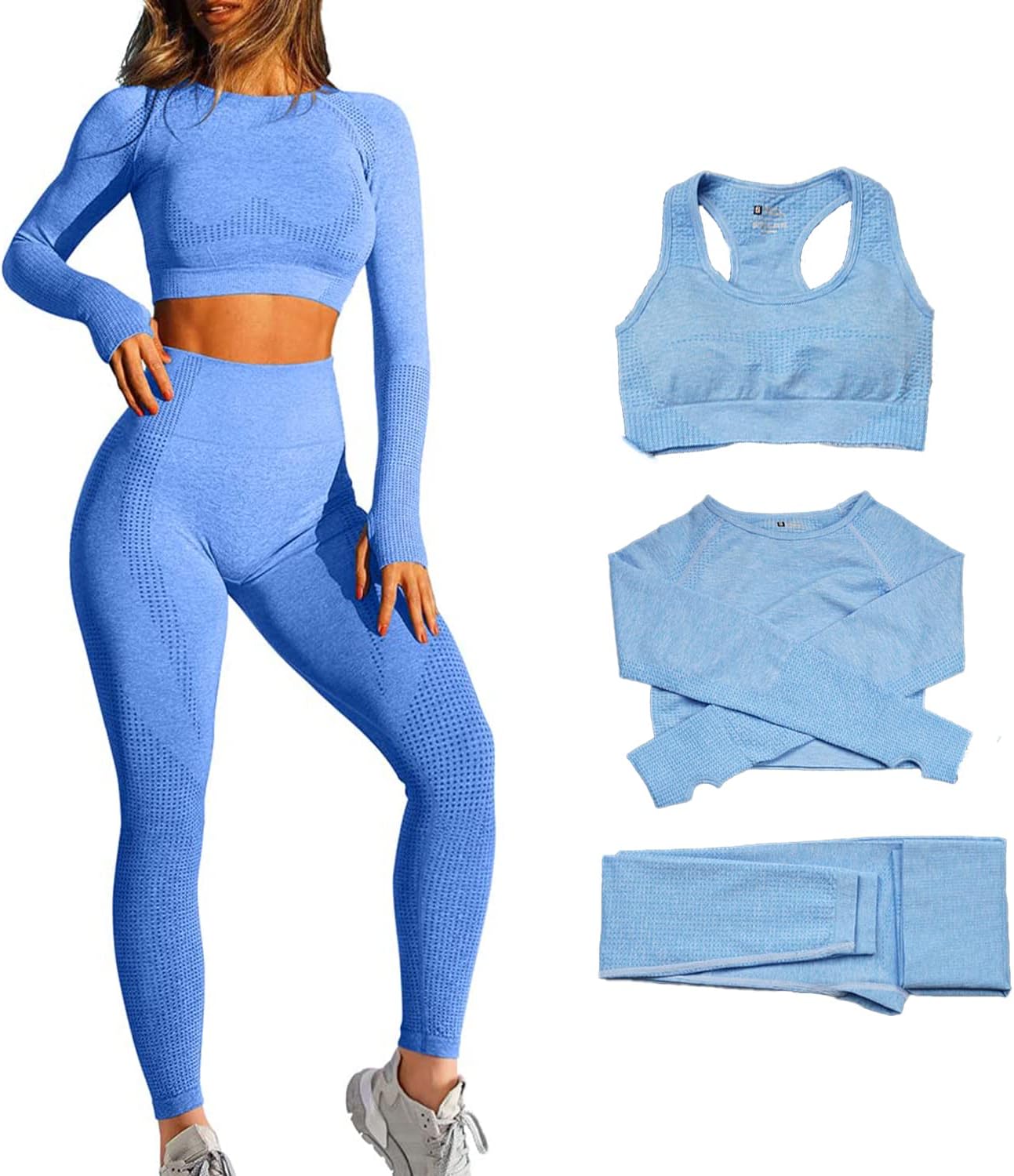 Workout Outfits for Women 3 Piece Bra,Long Sleeves Crop Top,High Waist Yoga Leggings Seamless Sets