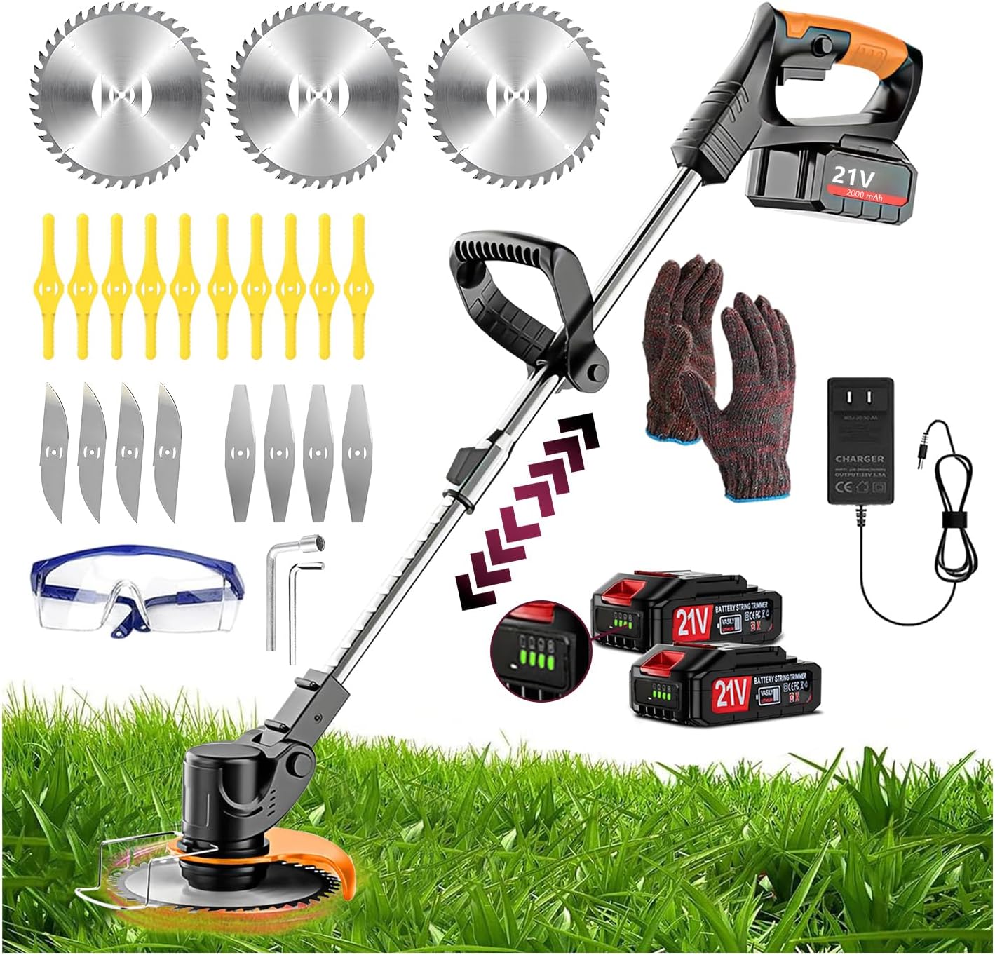 Electric Weed Wacker 21V Cordless with Adjustable Pole, 4 in 1 Lightweight Weed Eater Brush Cutter with Battery and Charger, Grass Trimmer for Gardening and Yard Clearing Black