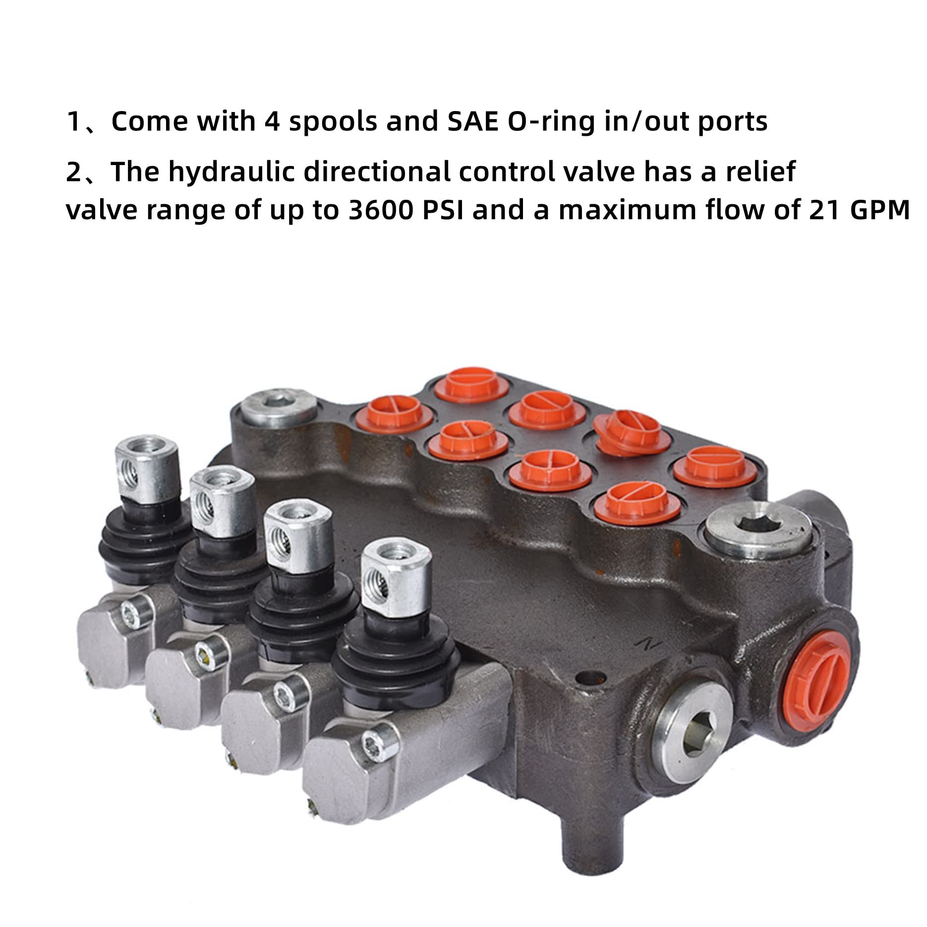 Hydraulisches Richtungs-Monoblockventil mit doppelter Wirkung, 4 Spulen, 21 gpm, SAE-Anschlüsse mit Joystick, hydraulisches Richtungssteuerventil 3600 psi, passend für kleine Traktoren, Lader usw.