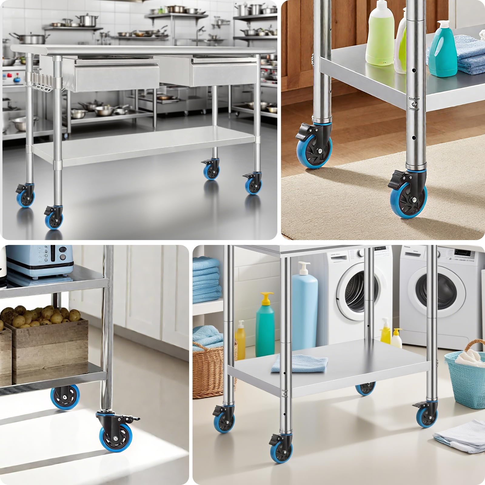 Ruote per mobili 100mm con vástago espandibile e freno adatte a tubi Ø23/28/34/40mm, capacità 500 kg ruote per carrello e tavoli inox, girevoli, blu, set da 4