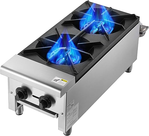 VEVOR Commercial Gas Stove with 2 Burners, Propane and Natural Gas Countertop Cooking Stove Range, Stainless Steel Gas Hot Plate, Commercial Cooking Equipment for Restaurant, 56,000 BTU