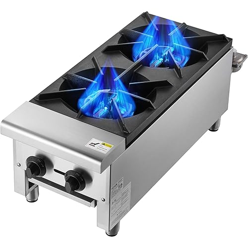 VEVOR Commercial Gas Stove with 2 Burners, Propane and Natural Gas Countertop Cooking Stove Range, Stainless Steel Gas Hot Plate, Commercial Cooking Equipment for Restaurant, 56,000 BTU