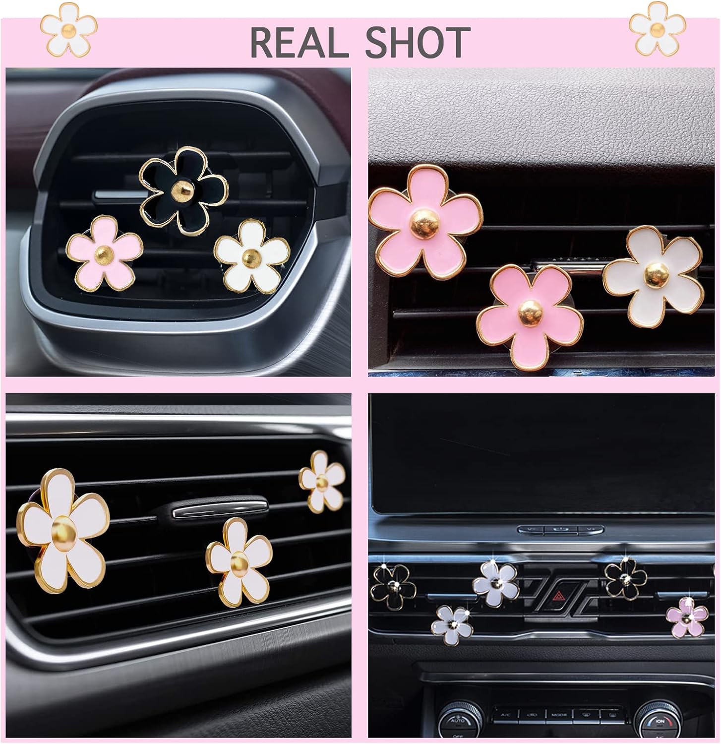 6pcs Car Air Freshener Perfume Clip, Daisy Flower Car Decoration Automotive Dashboard Outlet Air Vent Clip Decor Charm Interior Accessories for Girls Women(3 cm, 3.3 cm, Black, Pink, White)