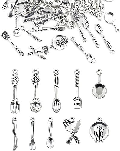 Miniatura 1 de JIALEEY 100 piezas de cuchillo tenedor, cuchara, sartén, vajilla, abalorios, collares, colgantes para bricolaje para fabricación de joyas y