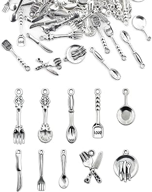 JIALEEY 100pcs Fork Knife Spoon Pan Tableware Charms Beads Necklace Pendants DIY for Jewelry Making and Crafting, Tibetan Silver Plated Tableware Charm