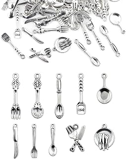 JIALEEY 100pcs Fork Knife Spoon Pan Tableware Charms Beads Necklace Pendants DIY for Jewelry Making and Crafting, Tibetan Silver Plated Tableware Charm
